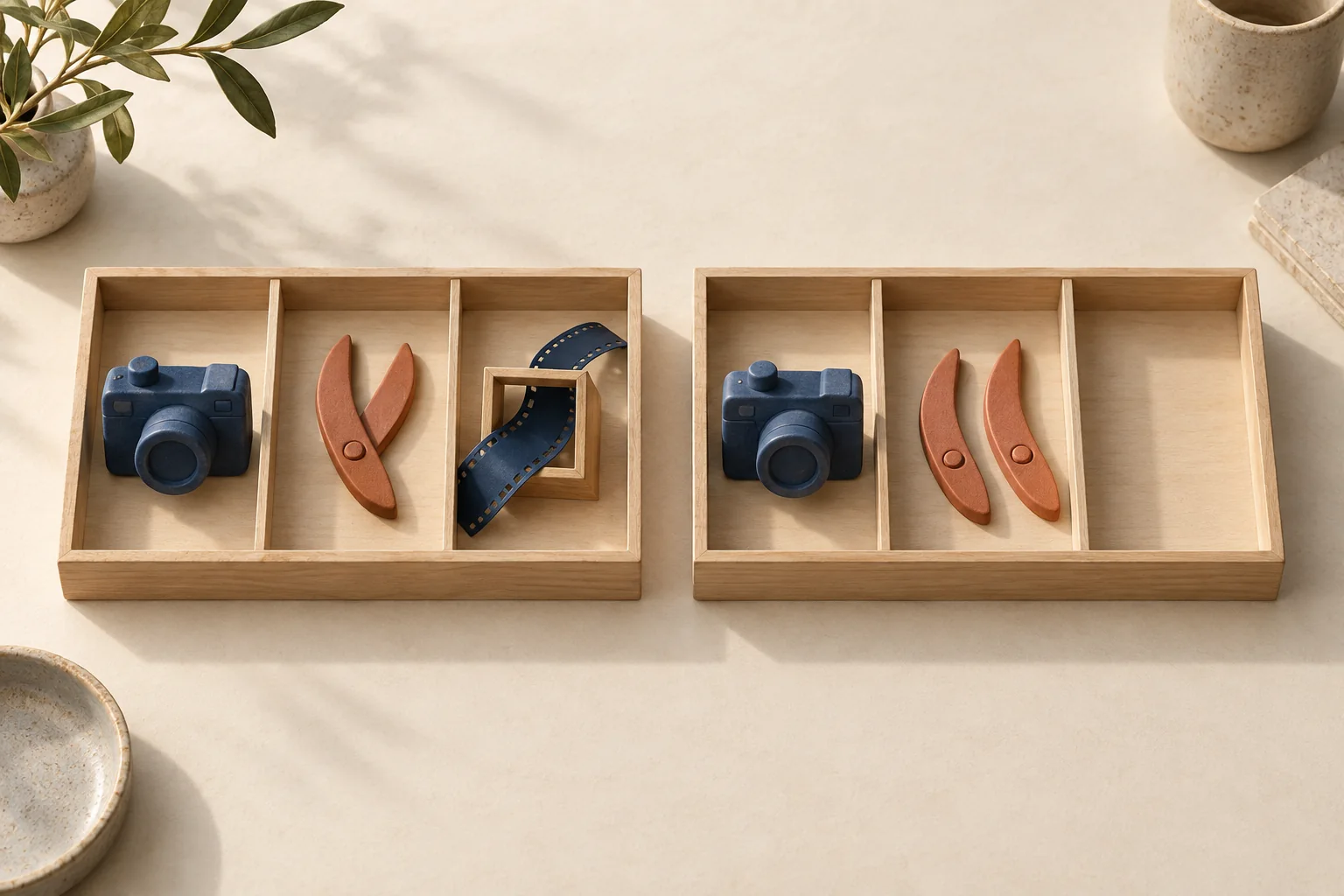 Two sets of video, revision and reuse objects arranged into matching compartments for a scope comparison.