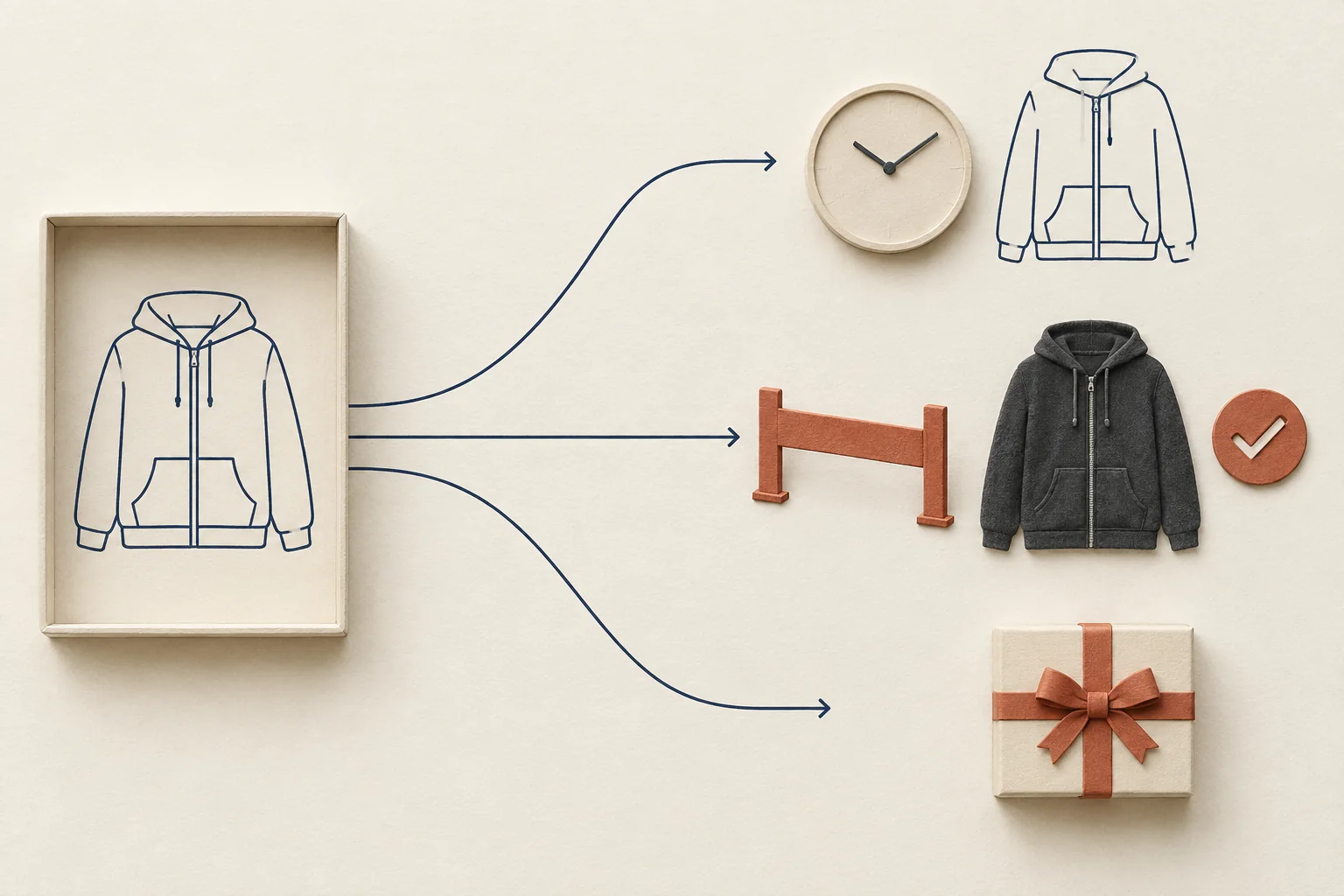 An unavailable navy hoodie branches toward a waiting clock, a charcoal replacement beside an approval token, and a closed gift box.