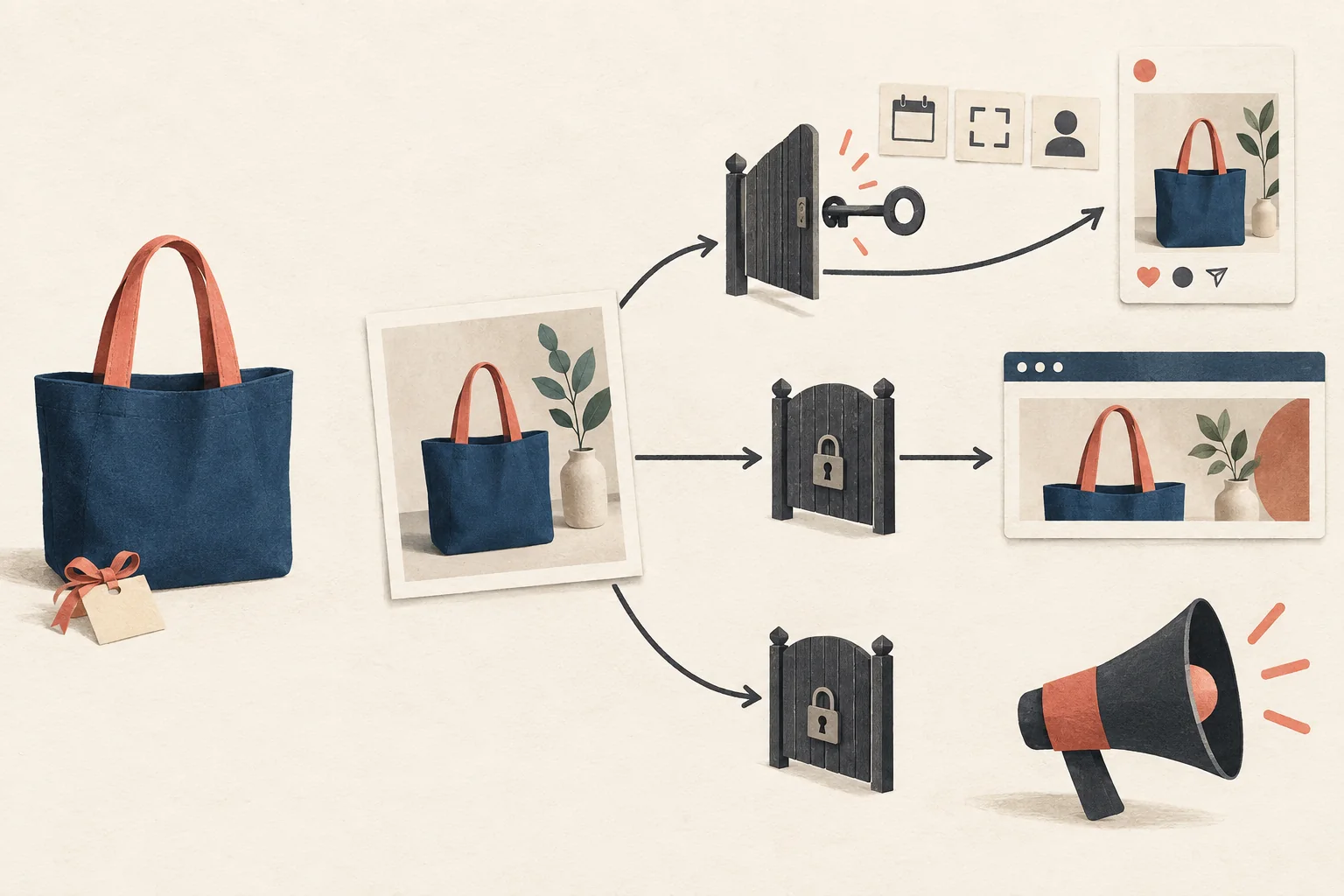 A gifted tote beside a creator photo, with a permission key opening only one of several reuse paths.