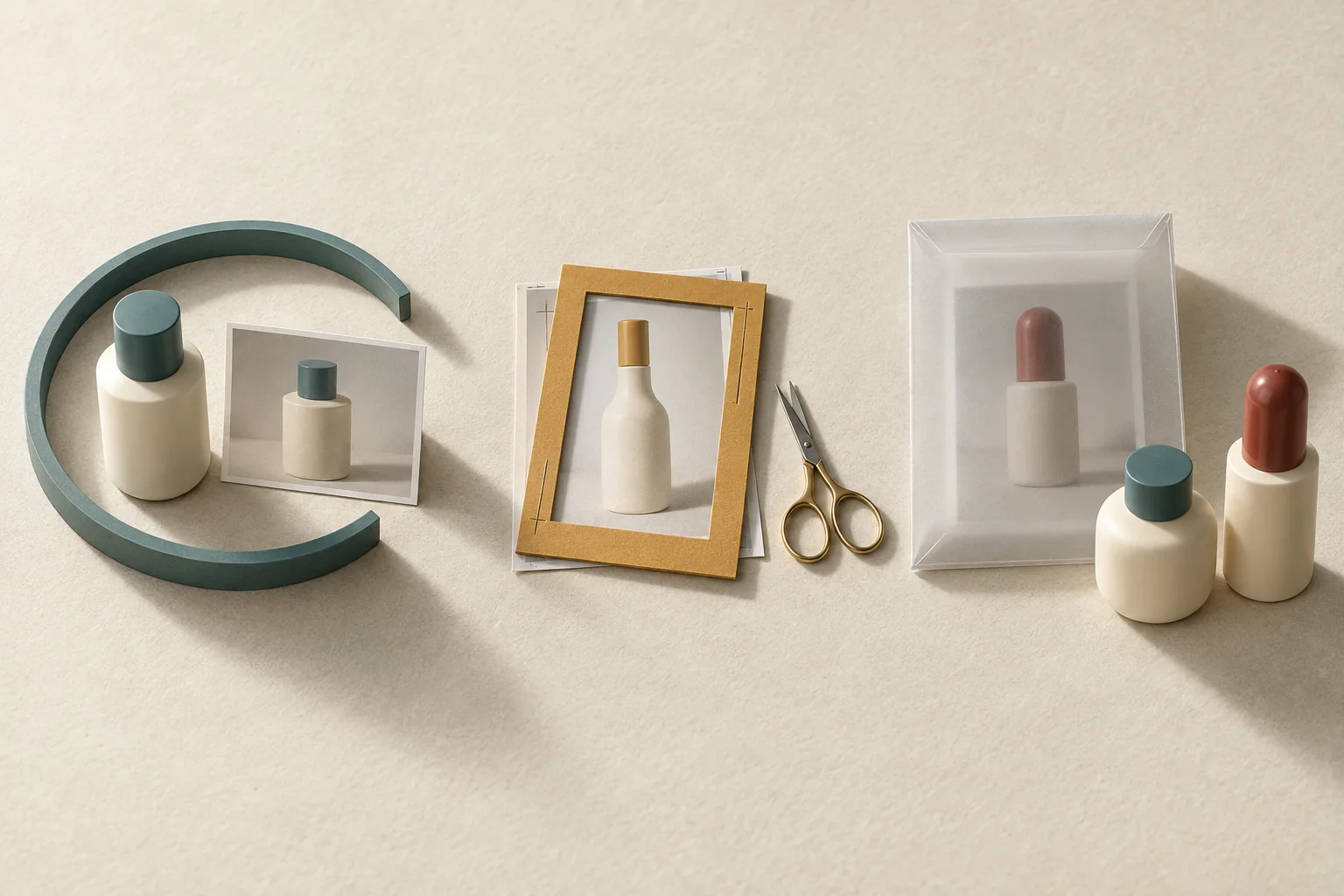 Three beauty video stills sorted beside a matching bottle, an editing frame and a sealed hold sleeve.