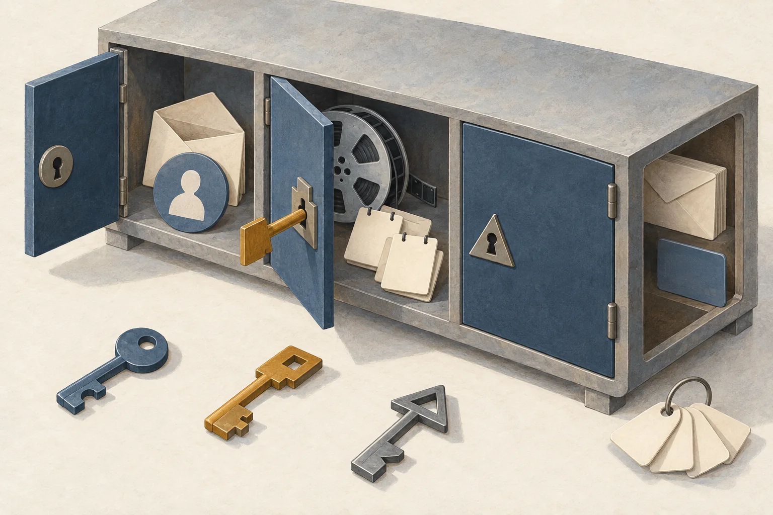 Separate keys open selected compartments for creator contacts, campaign work and payments, while other compartments stay locked.
