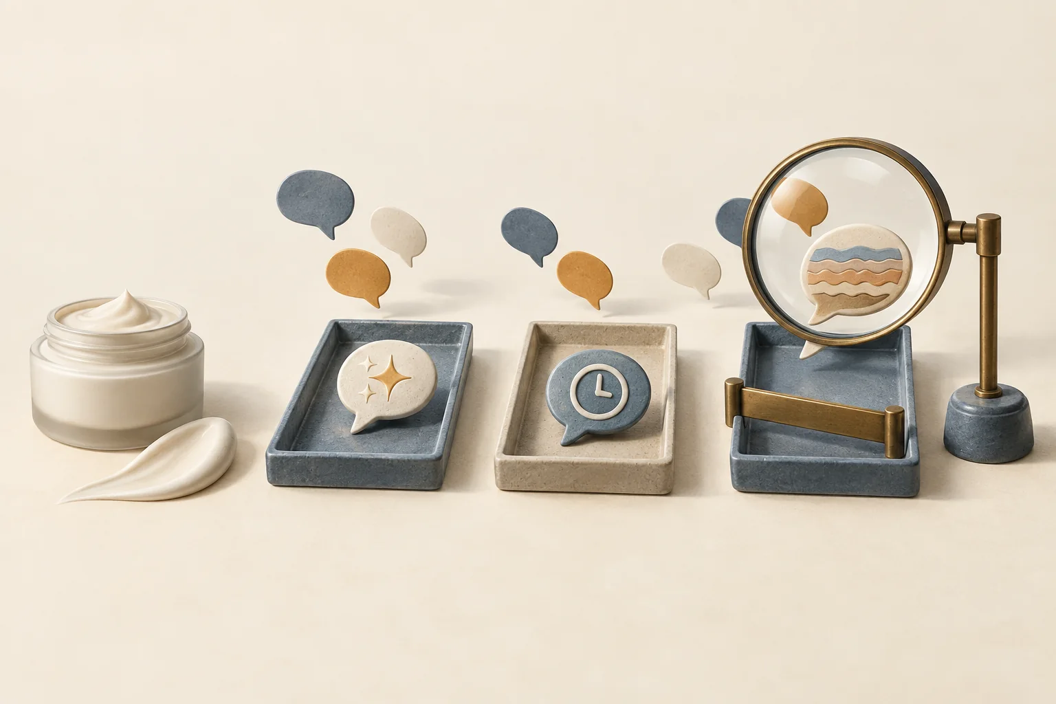 An unlabelled cream jar beside three separated claim-review trays, with a magnifying glass over the held tray.