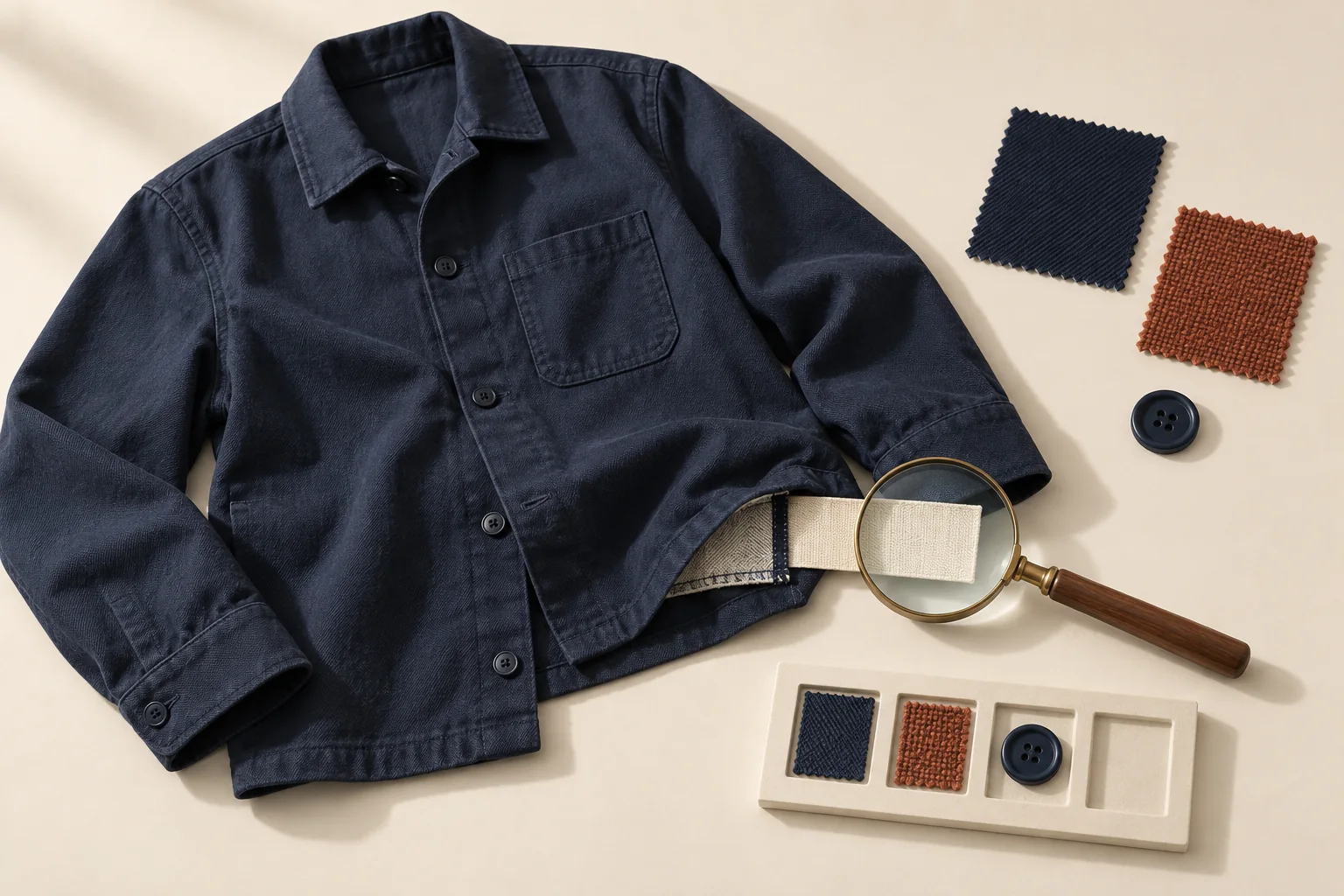 A cutaway overshirt with separate fabric and lining swatches beside a blank fact card and a magnifying glass over its care label.