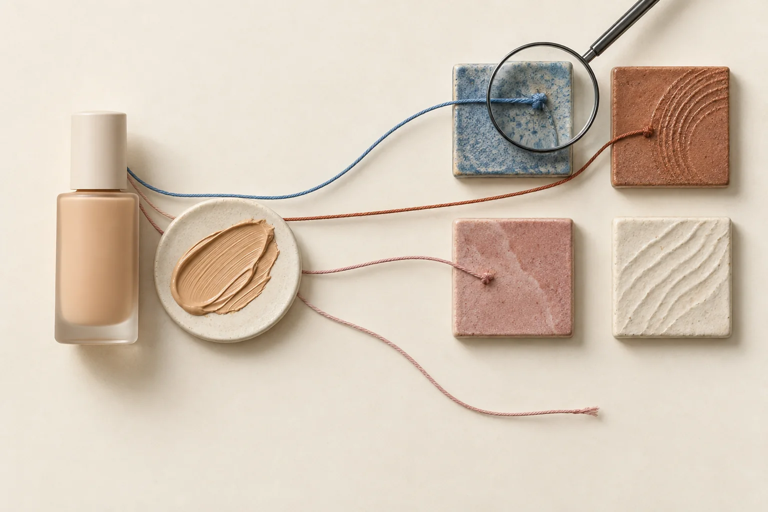 A cosmetic bottle and application swatch linked by colored threads to evidence tiles and a review lens.