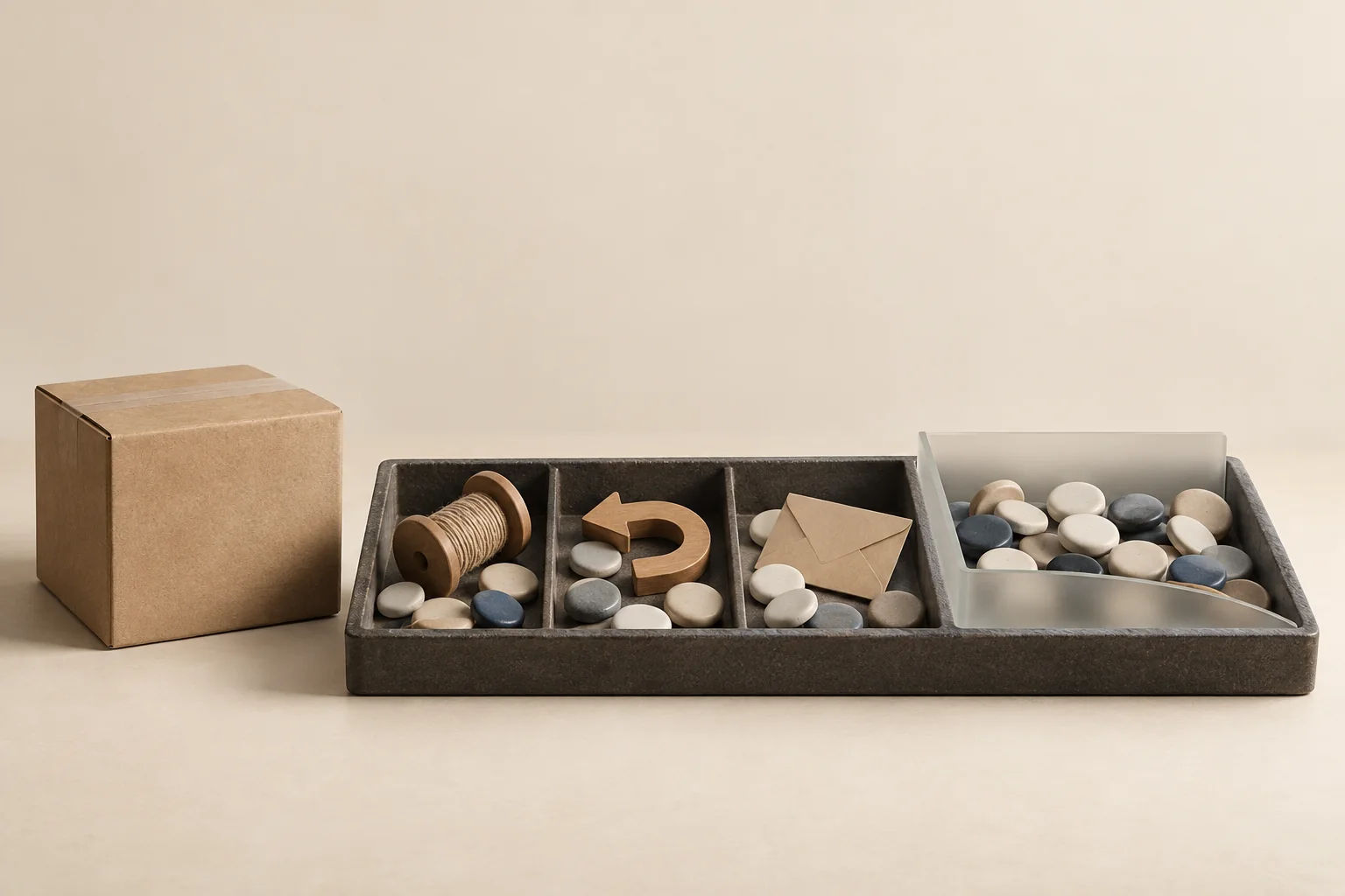A product parcel beside separated cost trays, a creator payment envelope and a protected reserve compartment.