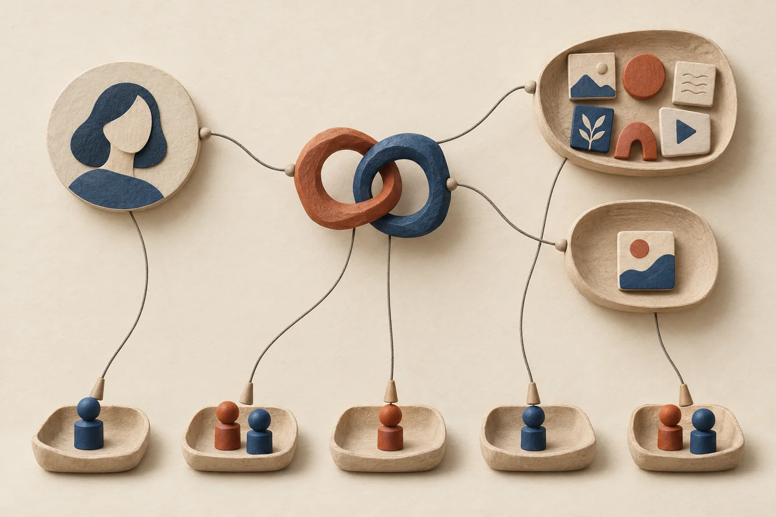 Linked sculptural forms separate a creator identity, an ongoing relationship, campaign work and content pieces, with five small action trays.