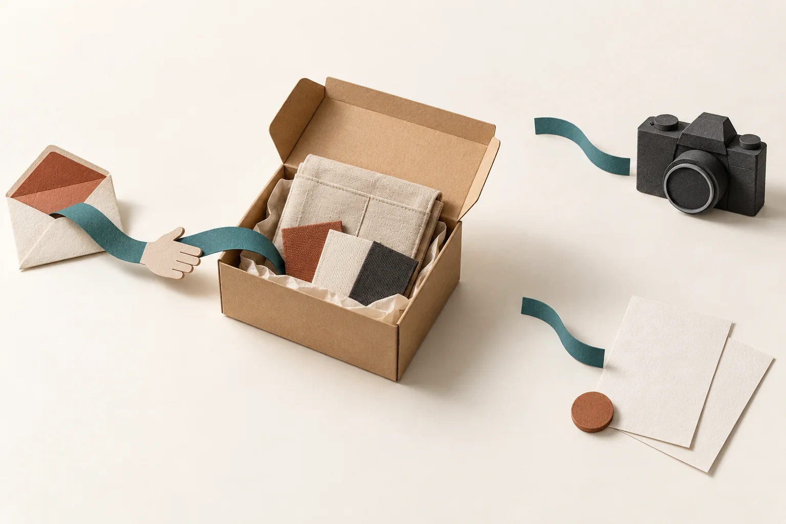 A fabric organizer beside a delivered parcel, with separate optional paths toward a camera and a paid agreement.
