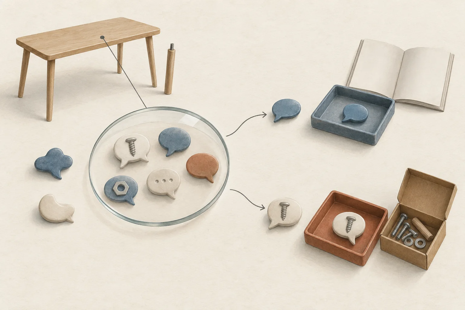 A desk assembly model beside a lens sorting distinct conversation shapes into review and action trays.