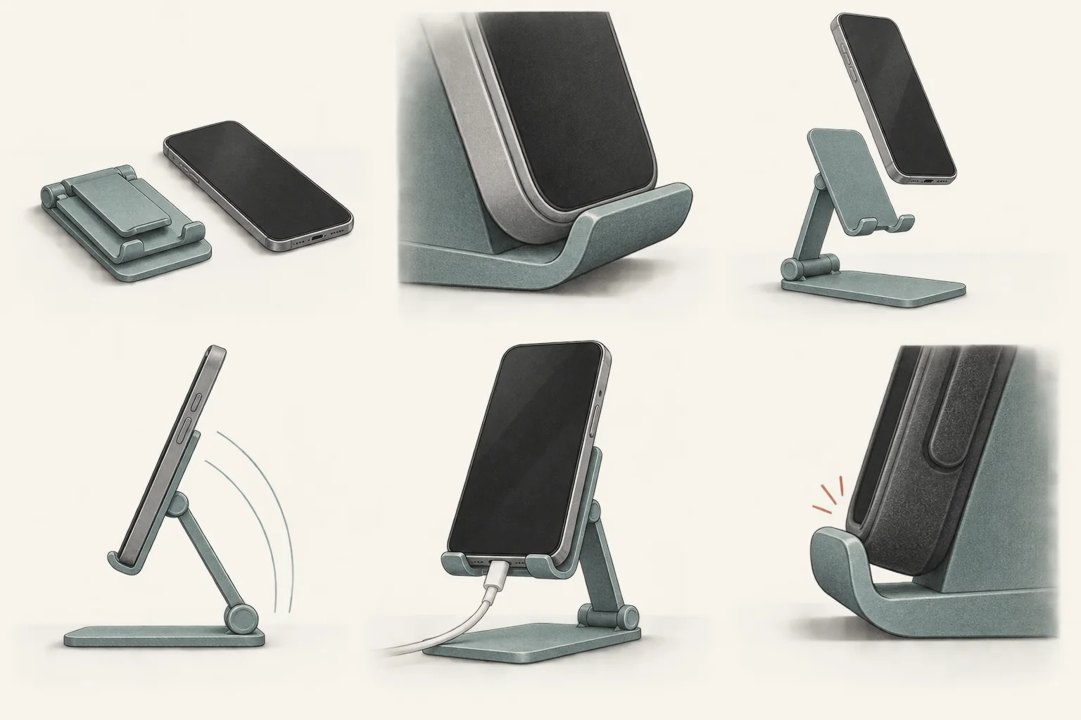 Six sequential views of a folding phone stand showing setup, phone placement, angle adjustment, cable clearance, and a fit limitation.