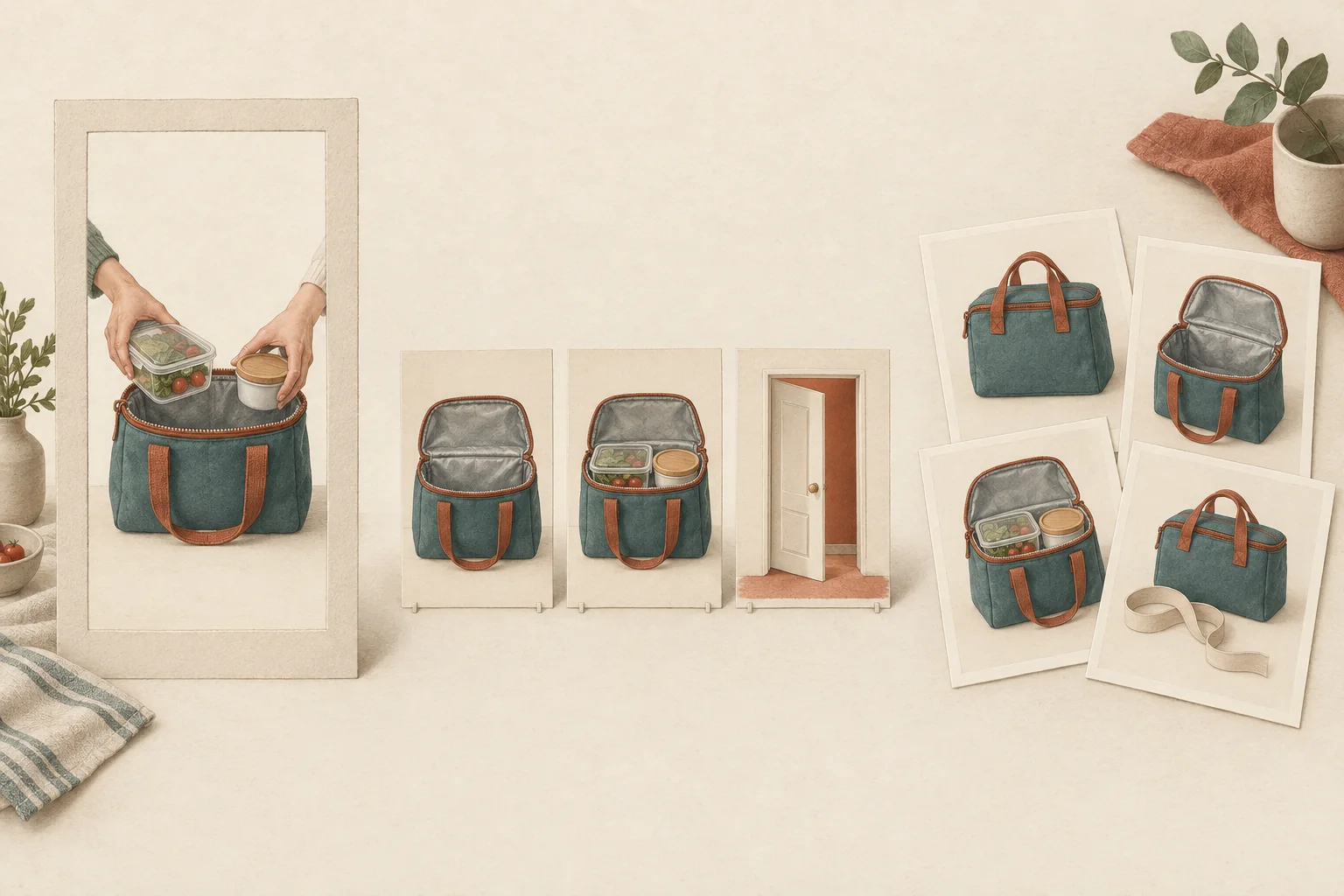 A lunch bag shown in a vertical demonstration frame, a sequence of Story panels and an open carousel of fit-check images.