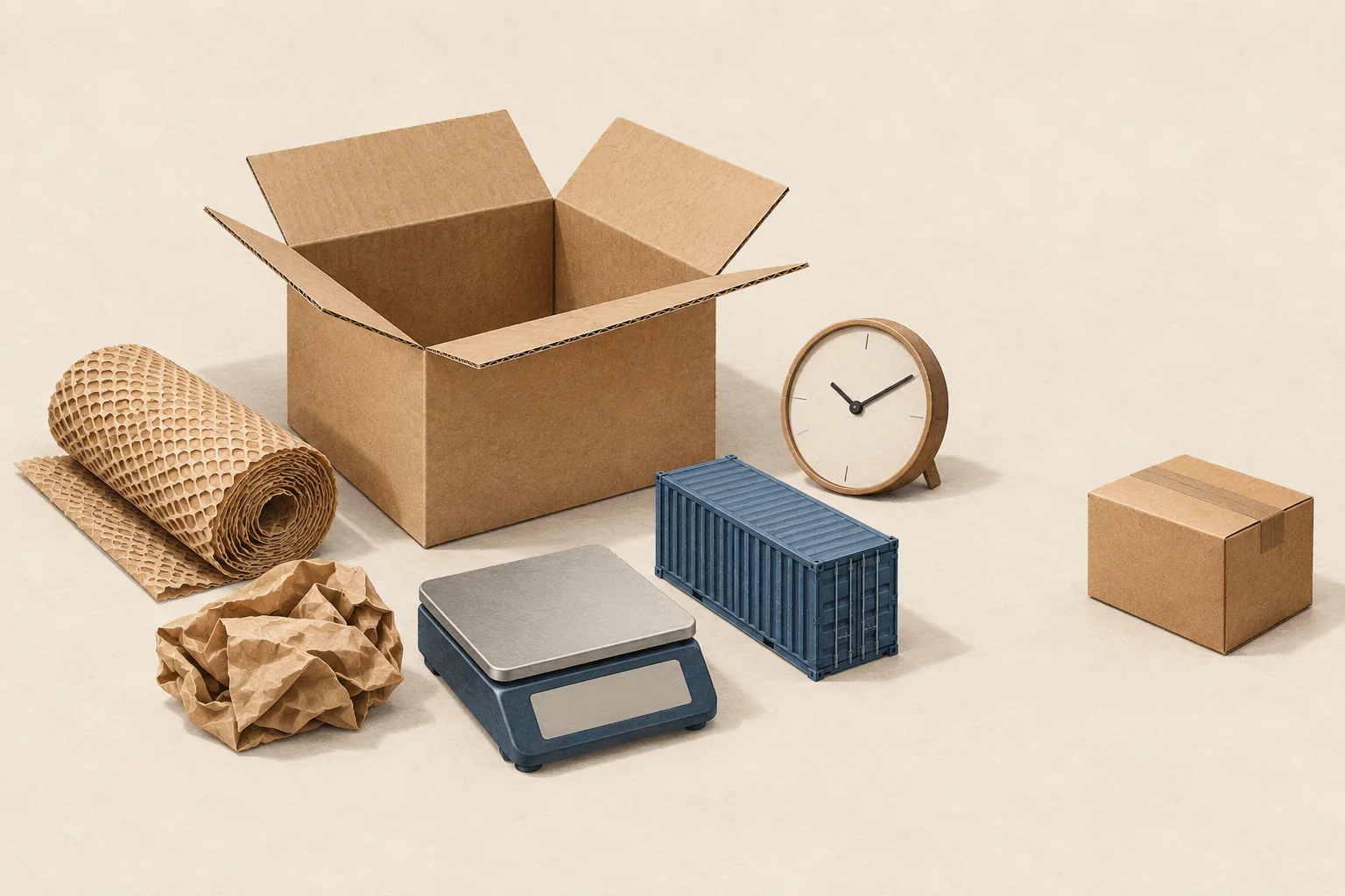 An open shipping box surrounded by separate packing materials, freight tokens, a clock and a spare parcel representing the costs of a seeding batch.