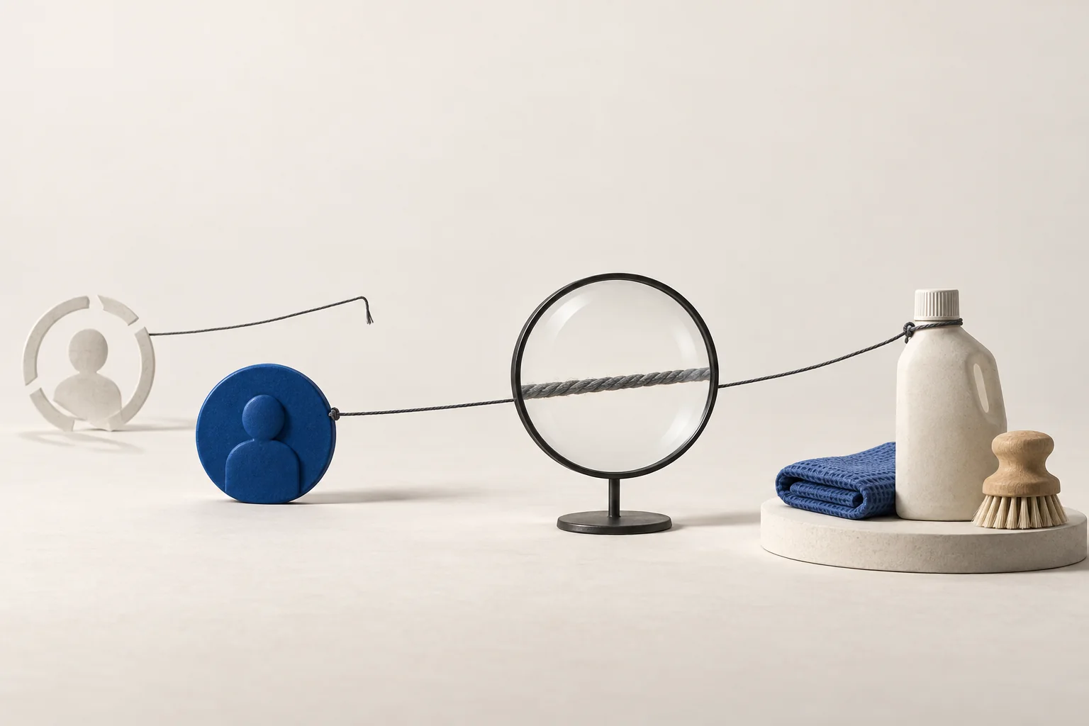 A solid creator marker connects by thread to cleaning objects, while a translucent marker has a broken connection.