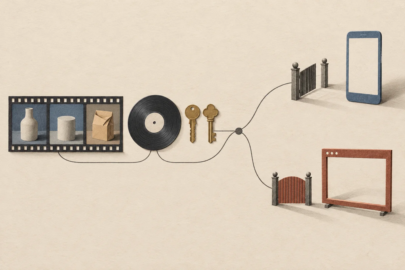 A video strip separates from a music record, with two keys beside the record and distinct paths toward a phone and a website window.