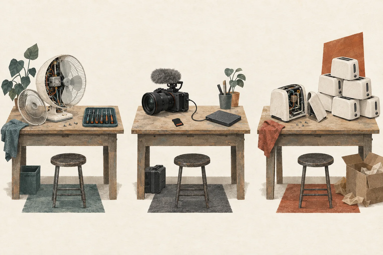 Three workshop scenes show a useful repair tool, a camera beside backup storage, and a wasteful pile of replacement devices.