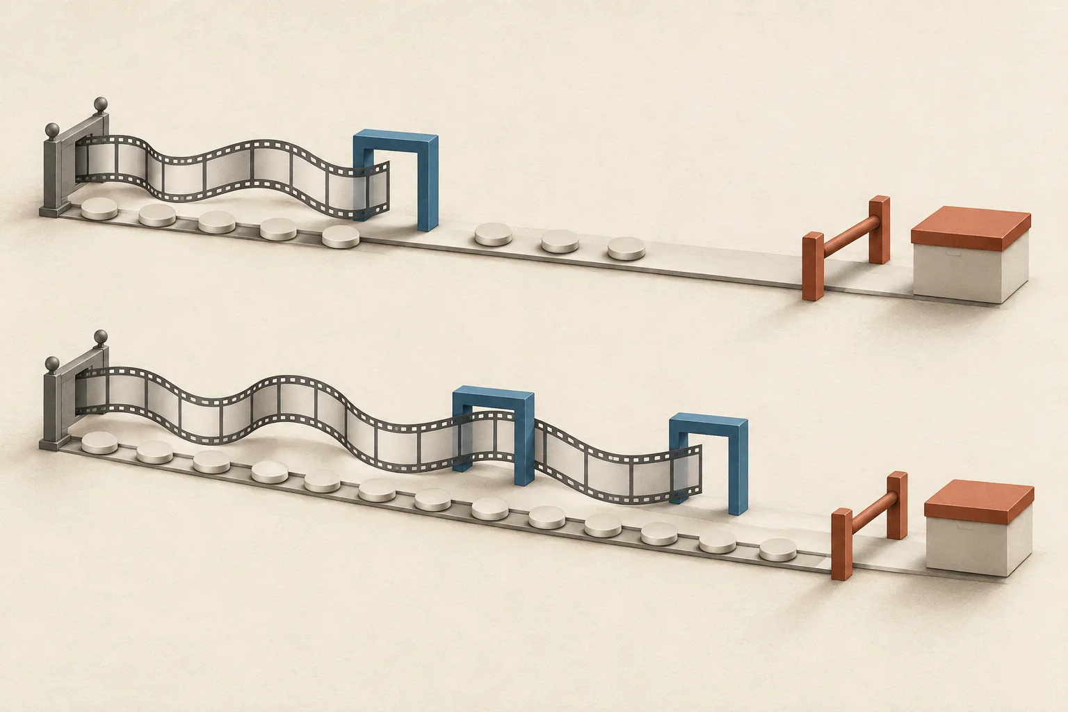 Two parallel paths begin at release markers, with a short viewing span and a longer evergreen span followed by separate purchase and closure markers.