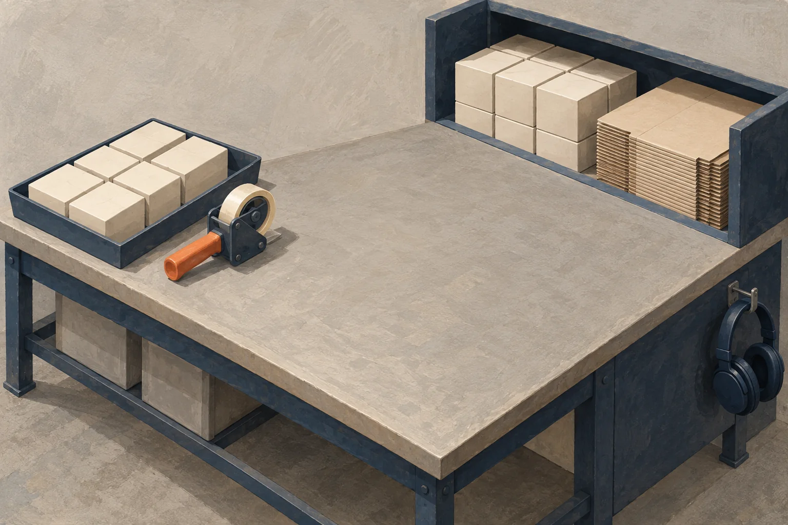 A packing bench with a limited group of outgoing kits and a separate shelf of matching replacement stock.
