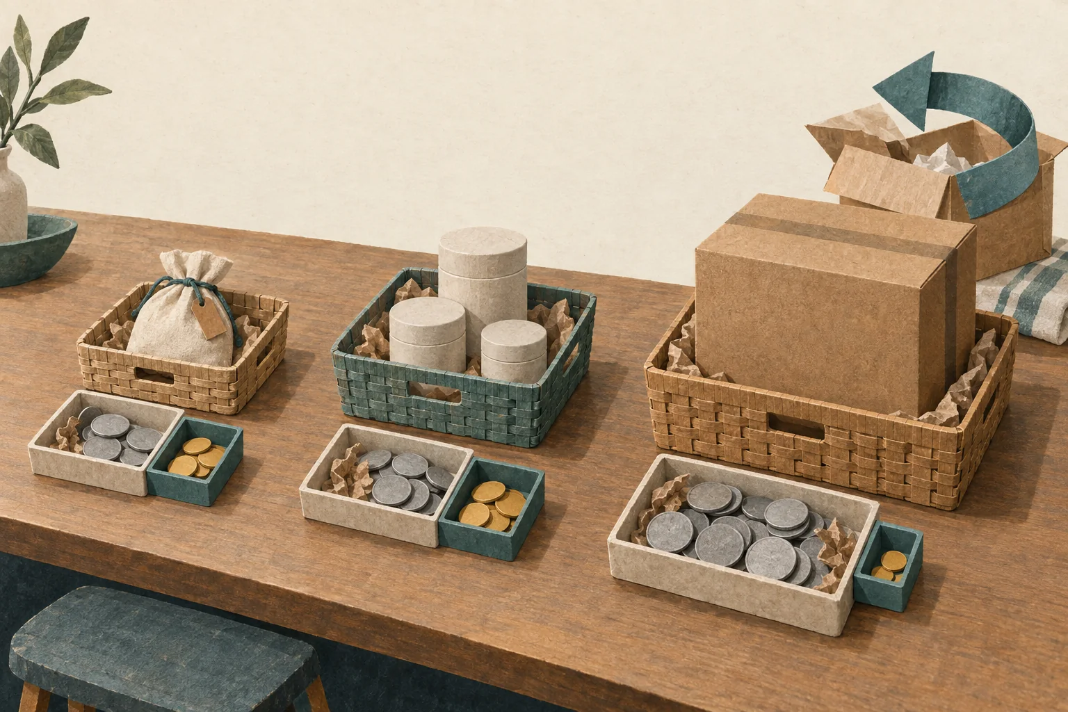 Three different product baskets beside separate coin trays, illustrating different amounts available for affiliate commission.