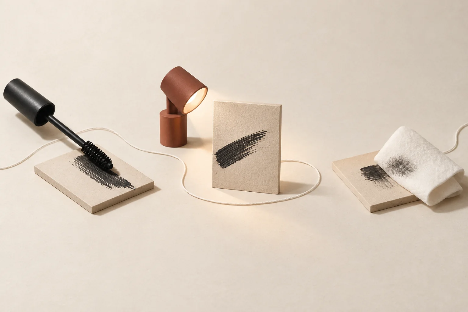 Three separated cosmetic demonstration stages showing a mascara brush, a worn pigment swatch and a removal pad.
