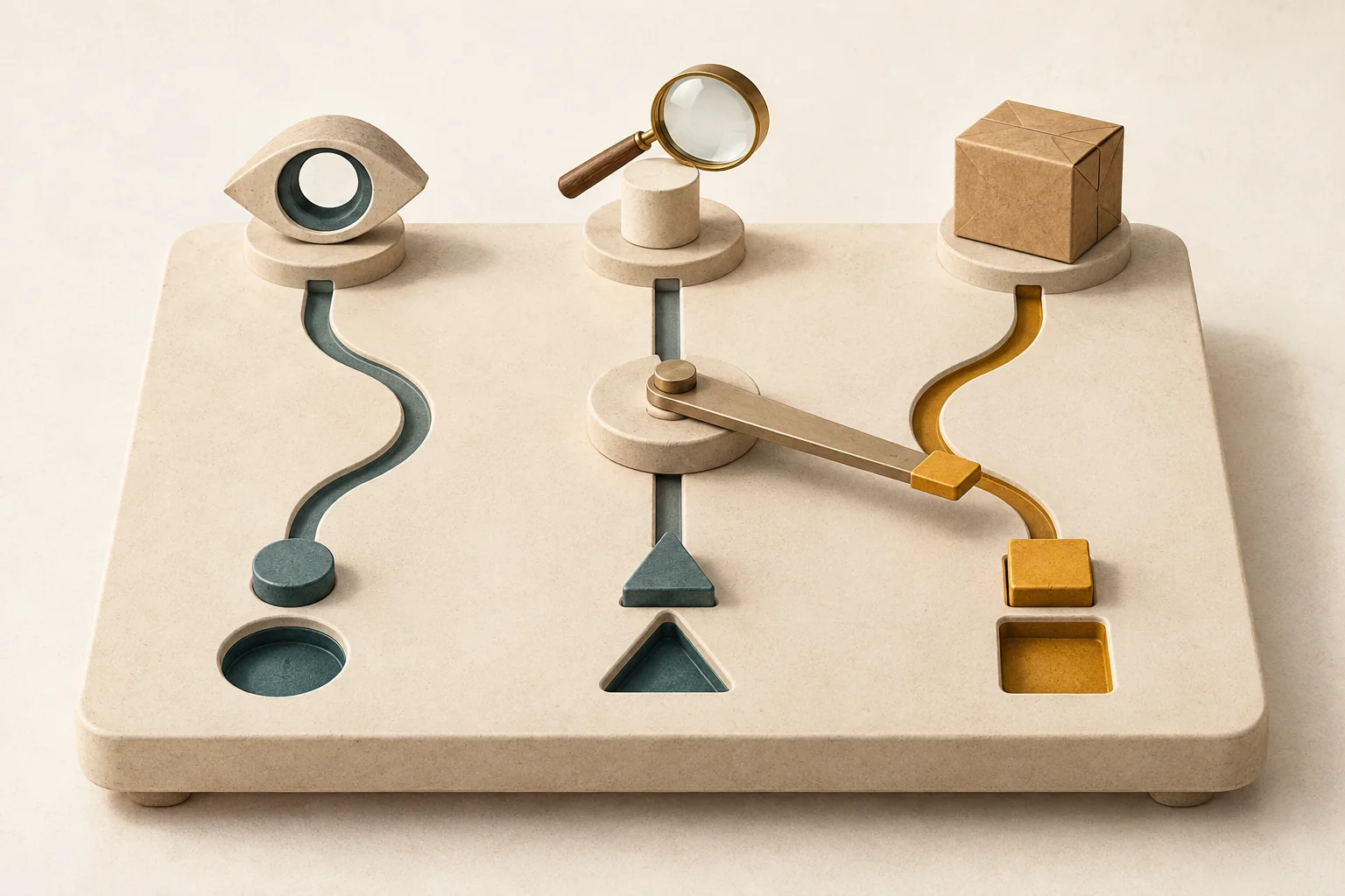 Three branching paths connect an eye, a product inspection lens and a parcel to matching decision markers.