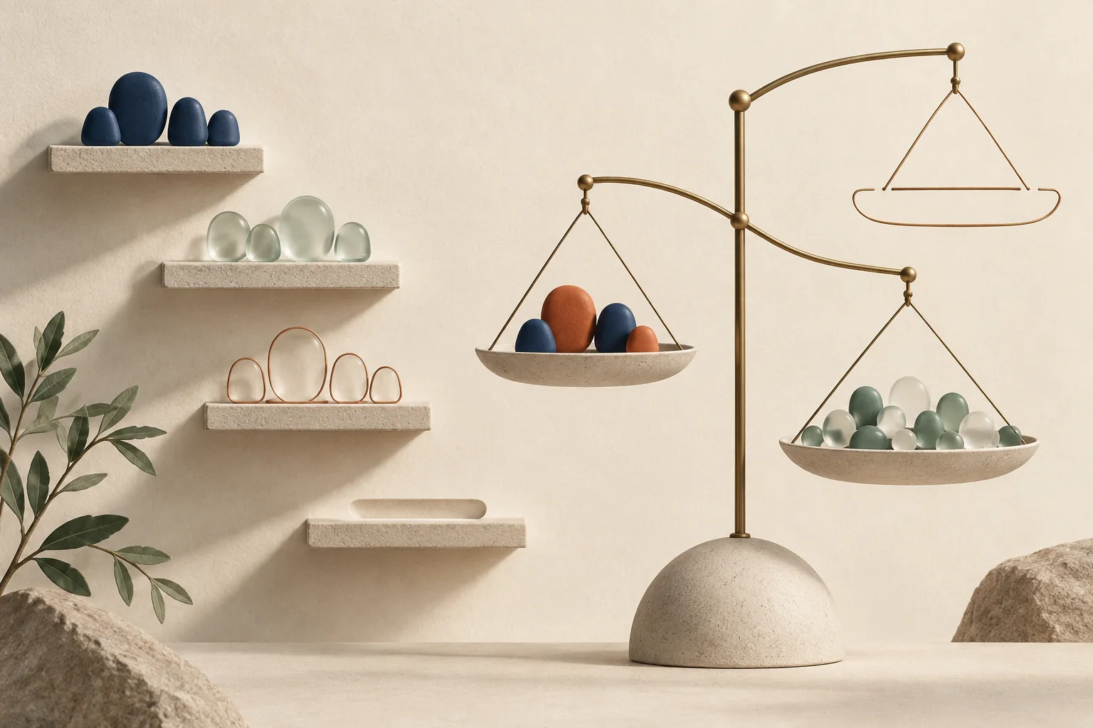 Four stepped shelves sort solid, translucent, and outlined audience tokens beside a weighted balance with an unfilled tray.