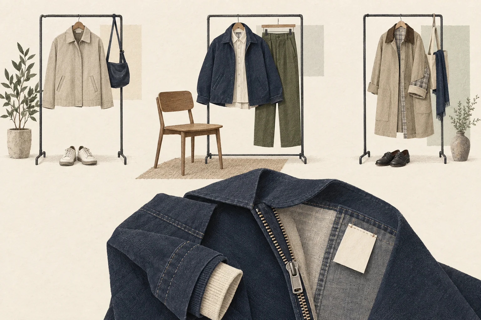 Three contrasting outfit arrangements beside a magnified garment seam and care label, showing occasion, construction and product knowledge.