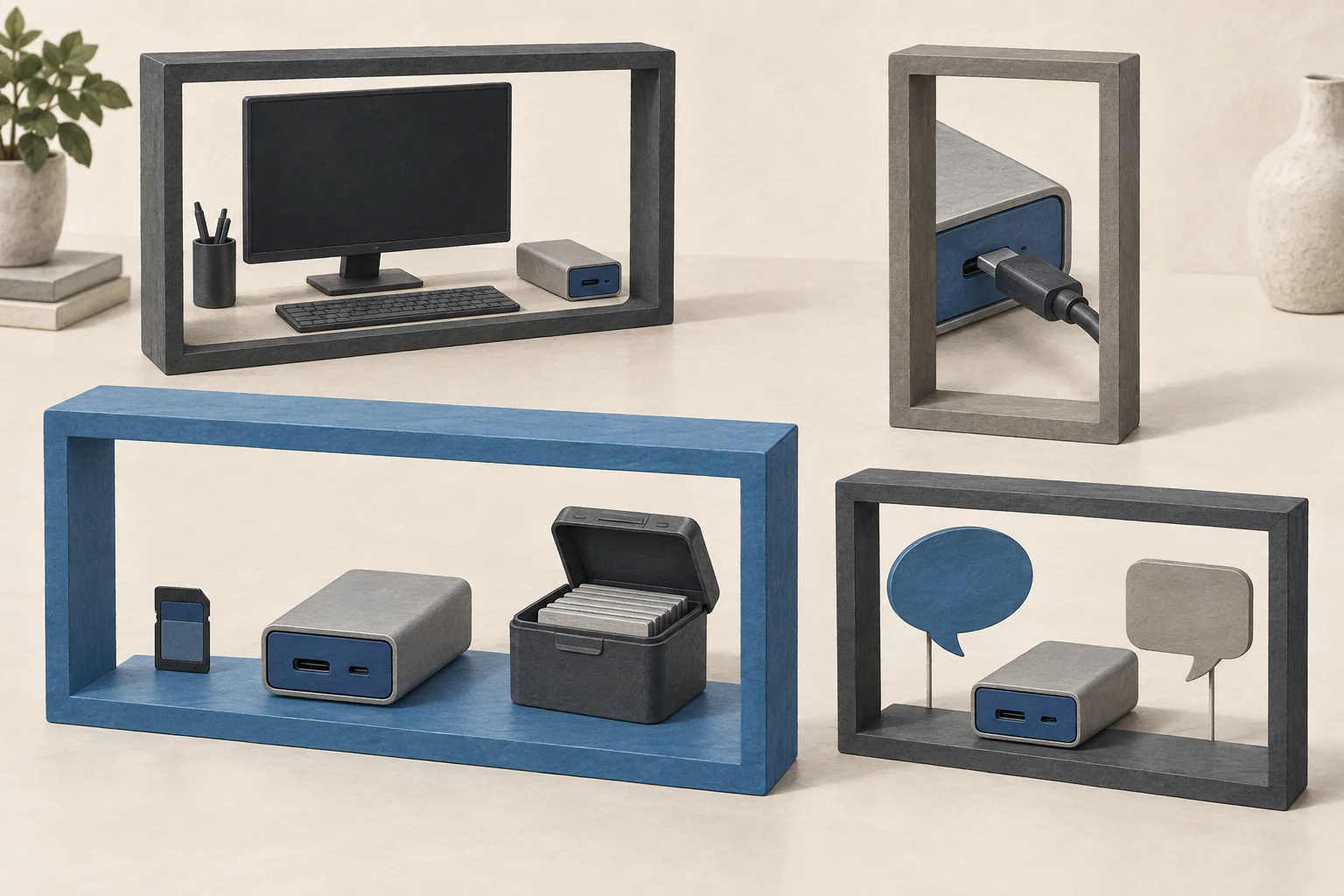 Four differently shaped viewing frames show one storage device as a single detail, a full workflow, a close-up and a live demonstration.