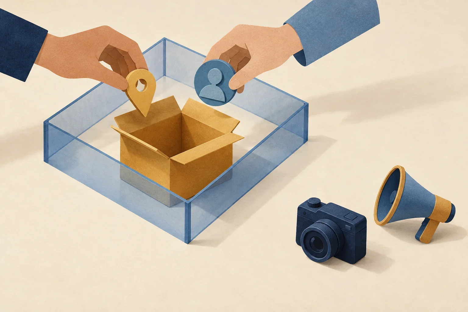 A small parcel receives only a location pin and recipient token, while a camera and megaphone remain outside the shipping area.