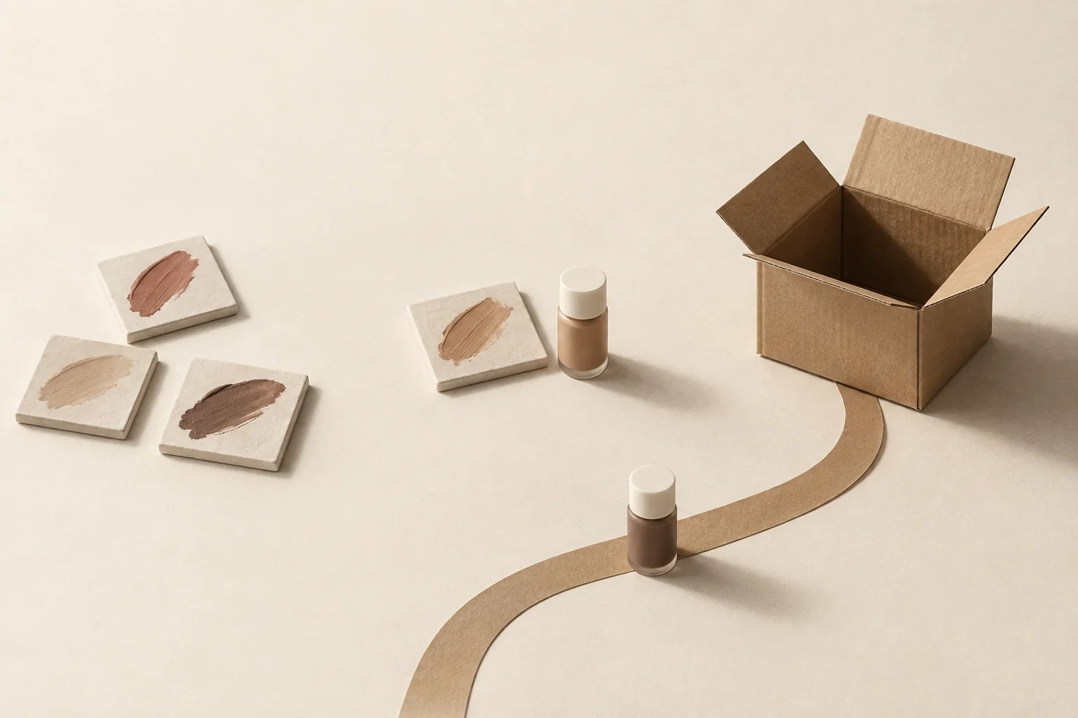 Three shade swatches beside one selected sample, with a second sample following a return path toward an open parcel.