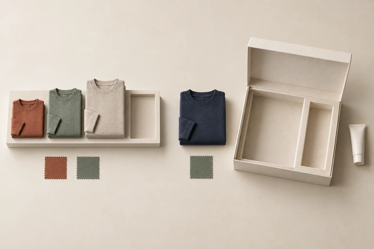 Separate garment sizes and color swatches lead to a selected kit, while an empty space marks an omitted item.