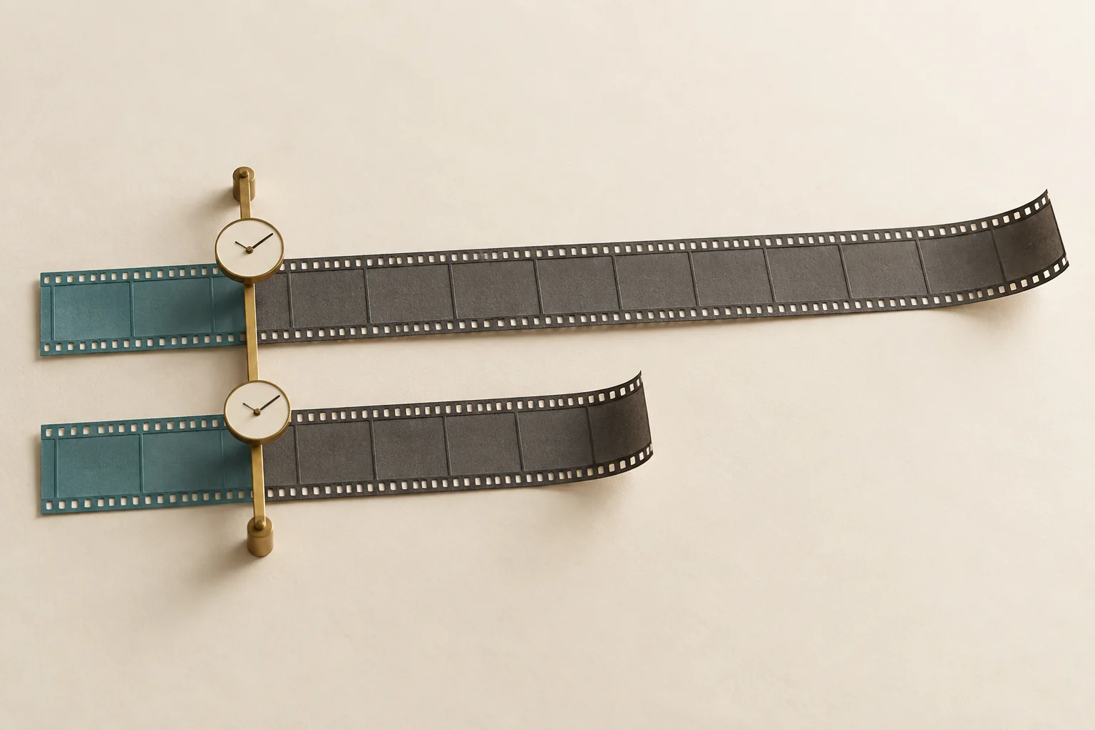 Two film strips with different lengths of trailing footage aligned at matching early checkpoints beneath identical clock markers.