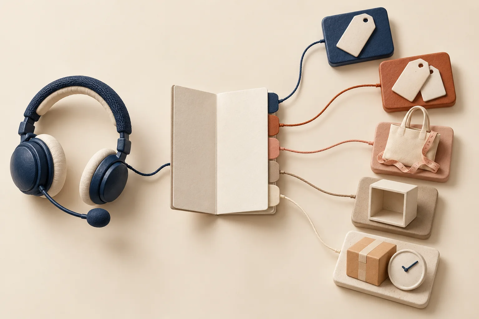 A support headset beside five distinct response tiles linked to a tote bag, discount tag, parcel and clock.