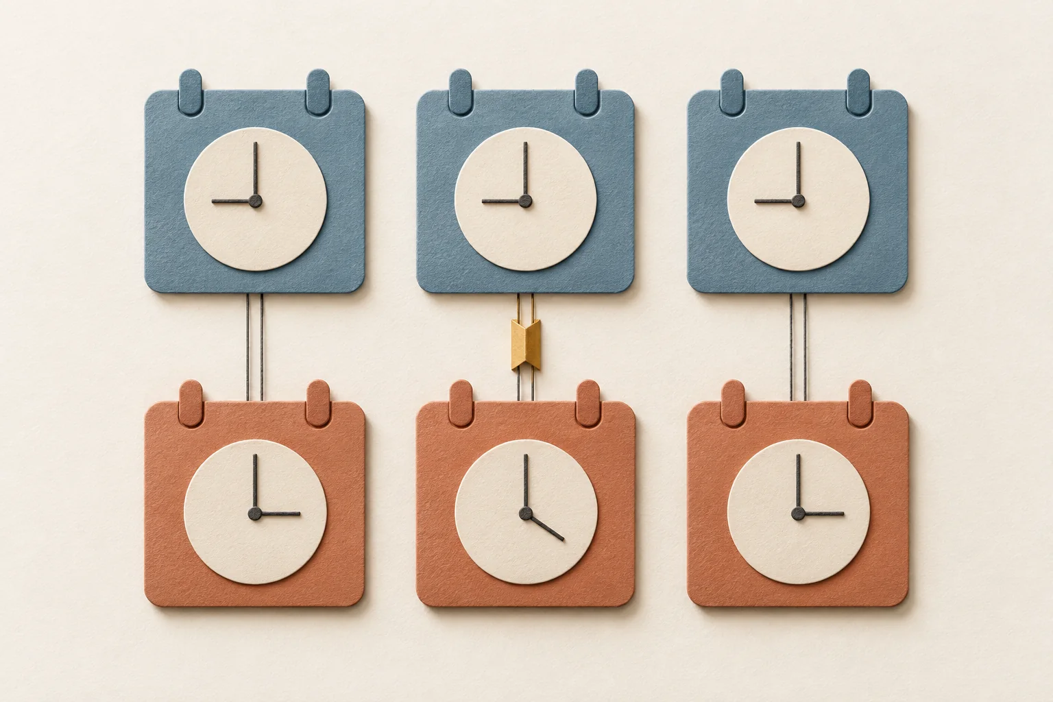 Two paired clocks and calendar tiles show one local appointment shifting against another during a daylight-saving change.