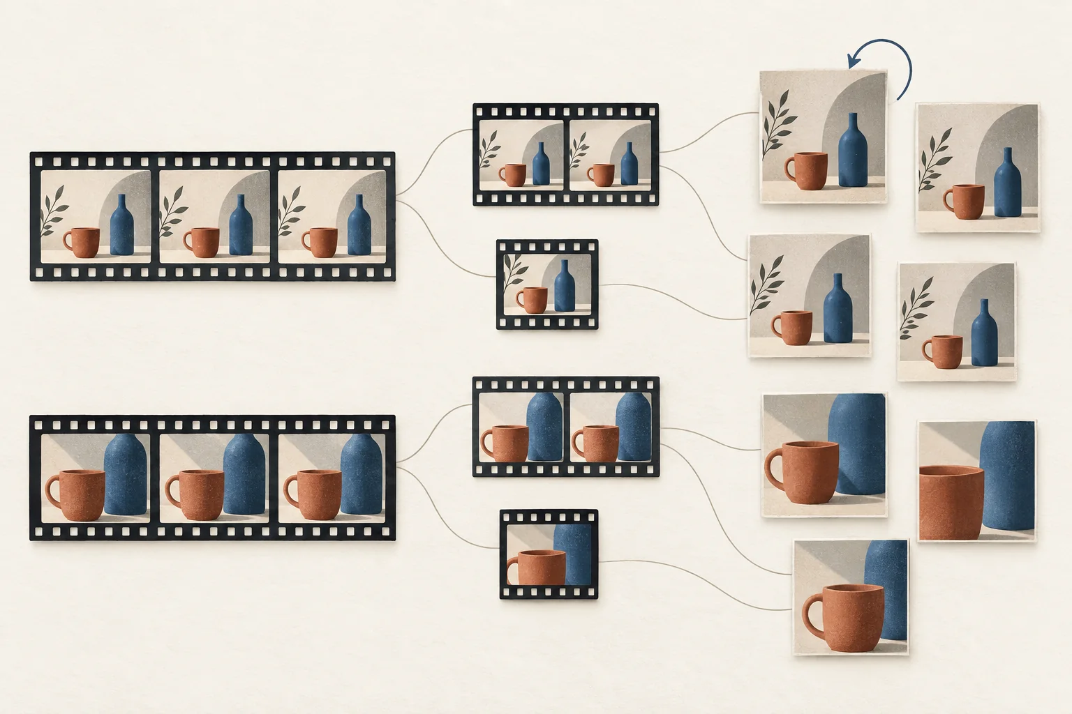 Two original film strips branch into four distinct edits and seven publication tiles, with a separate curved arrow for a native repost.