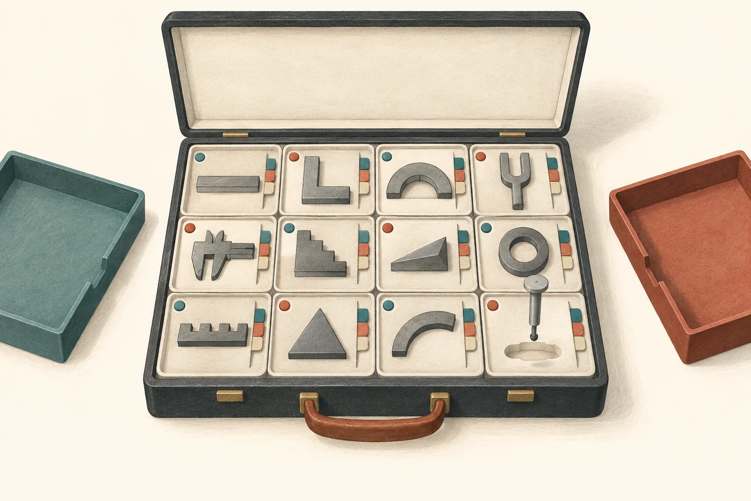 Twelve distinct measuring pieces fit into one shared reference case, with owner markers and stacked revision tabs.