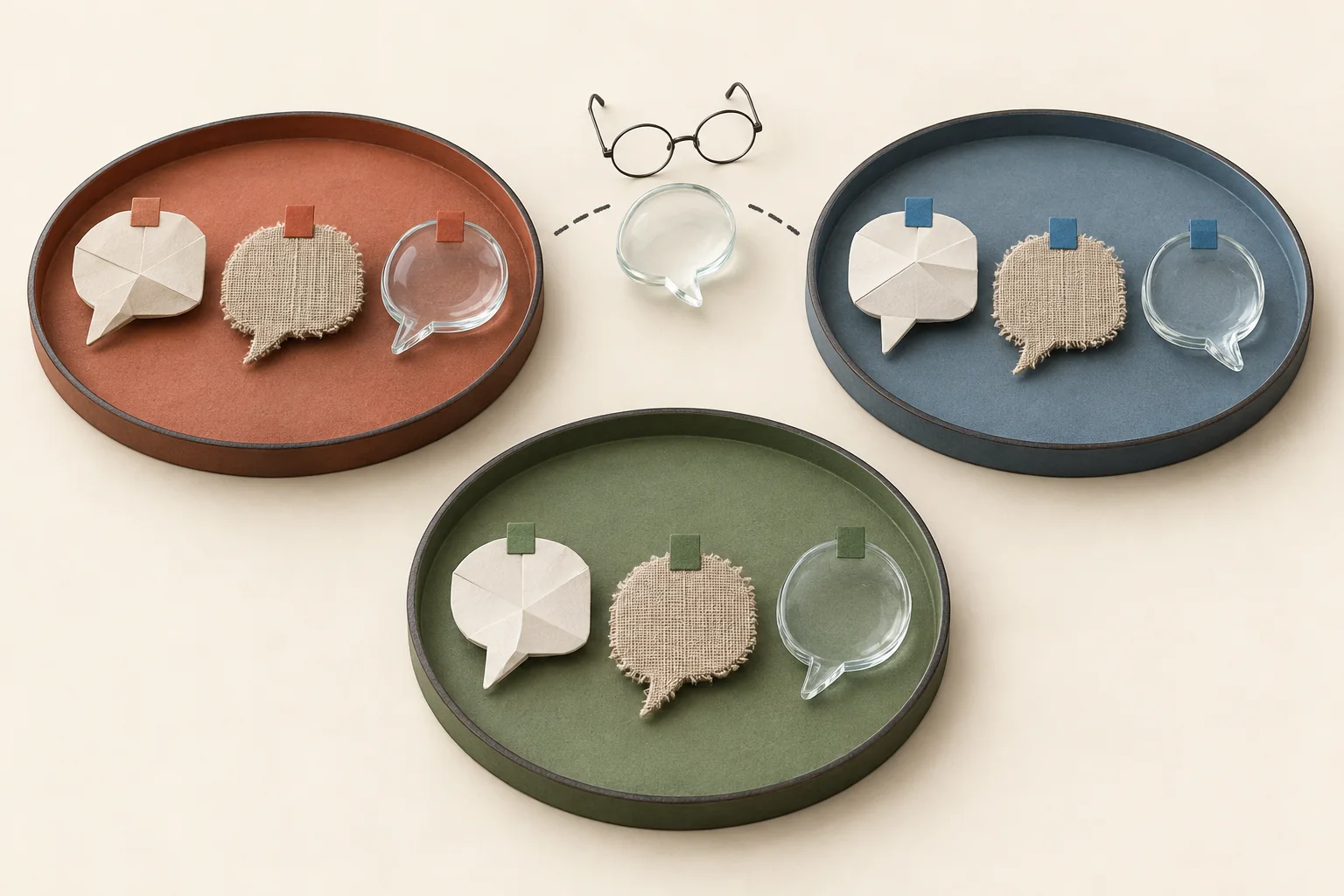 Different textured speech shapes retain their distinct forms as matching colored tabs connect them to shared topic groups, with one uncertain pair kept apart.