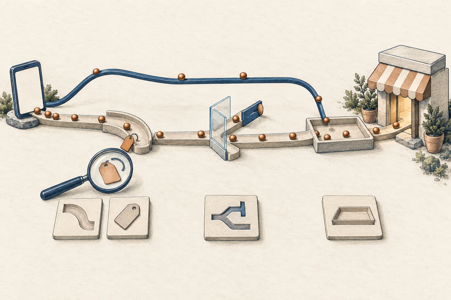A branching route from a phone to a storefront, with a dropped tag and a closed consent gate marked for inspection.