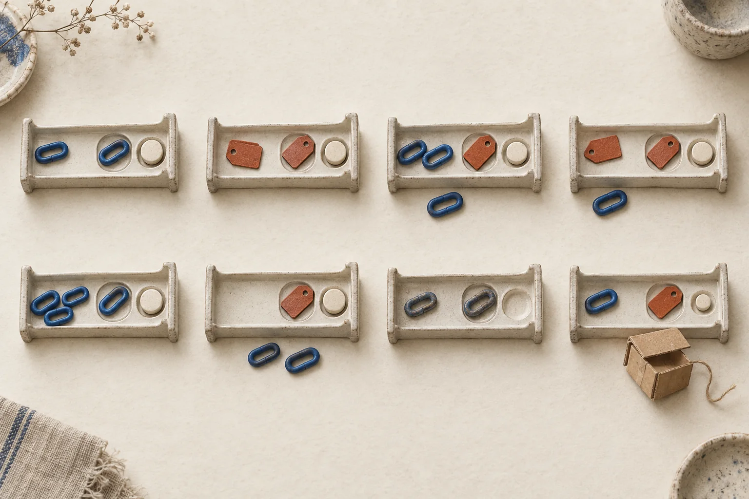 Eight separate purchase paths carry link and discount-tag symbols toward one commission token per order.