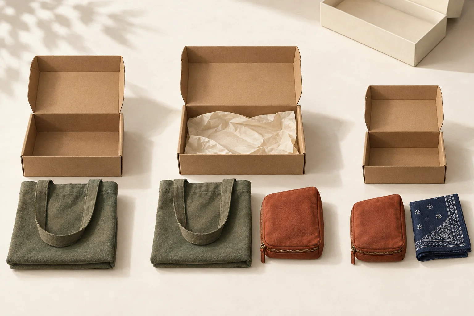 Three textile gift kits with different combinations of a tote, pouch, and bandana, arranged beside fitted shipping boxes.