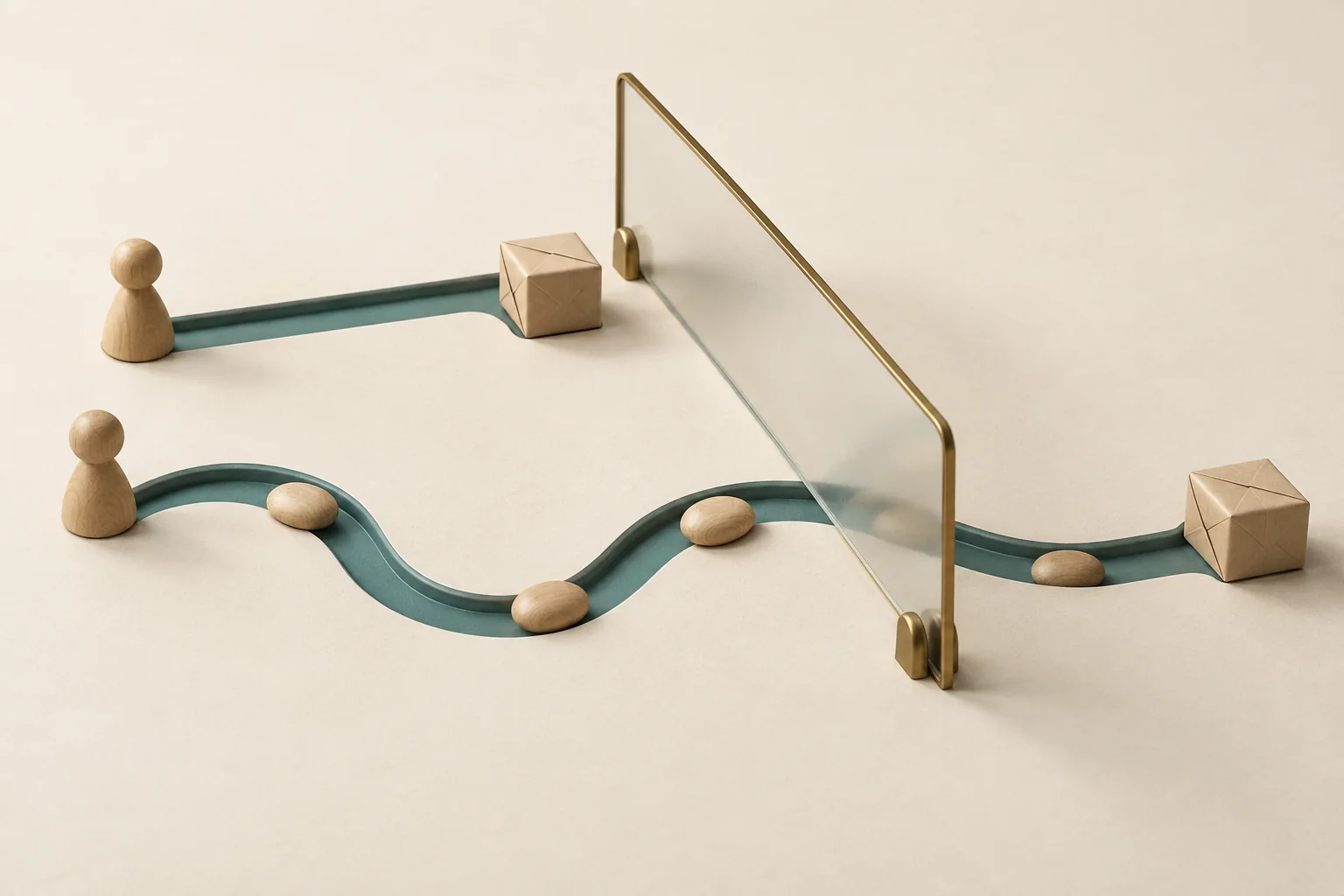 Two winding paths connect referral markers to shopping parcels, with a movable boundary admitting the shorter path.