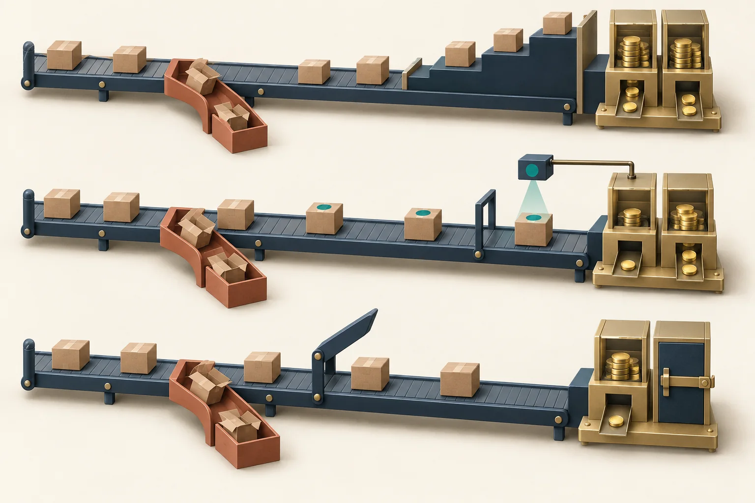 Three sorting tracks separate returned parcels from retained purchases before commission tokens are released.