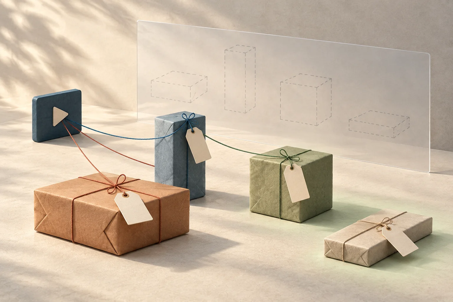 Four order parcels with three linked by colored threads and one unlinked, beside faint alternative parcel outlines.
