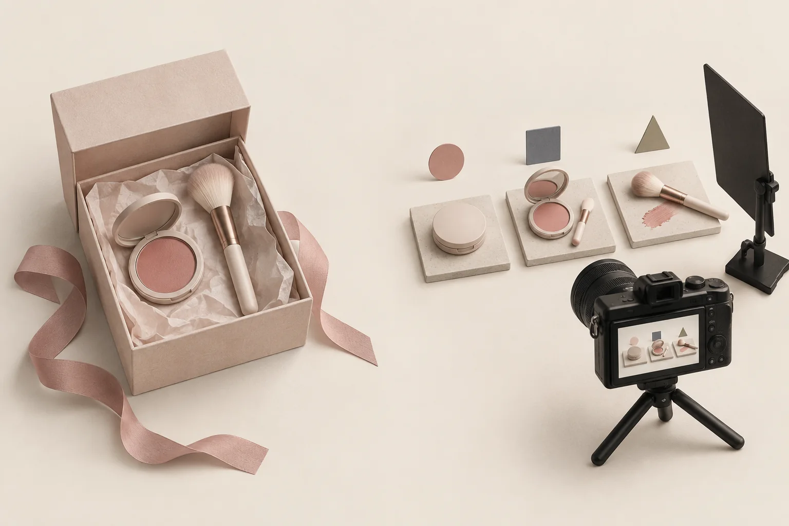 An open beauty gift box beside a camera and an ordered sequence of cosmetic application tools, separating an optional gift from planned filming.