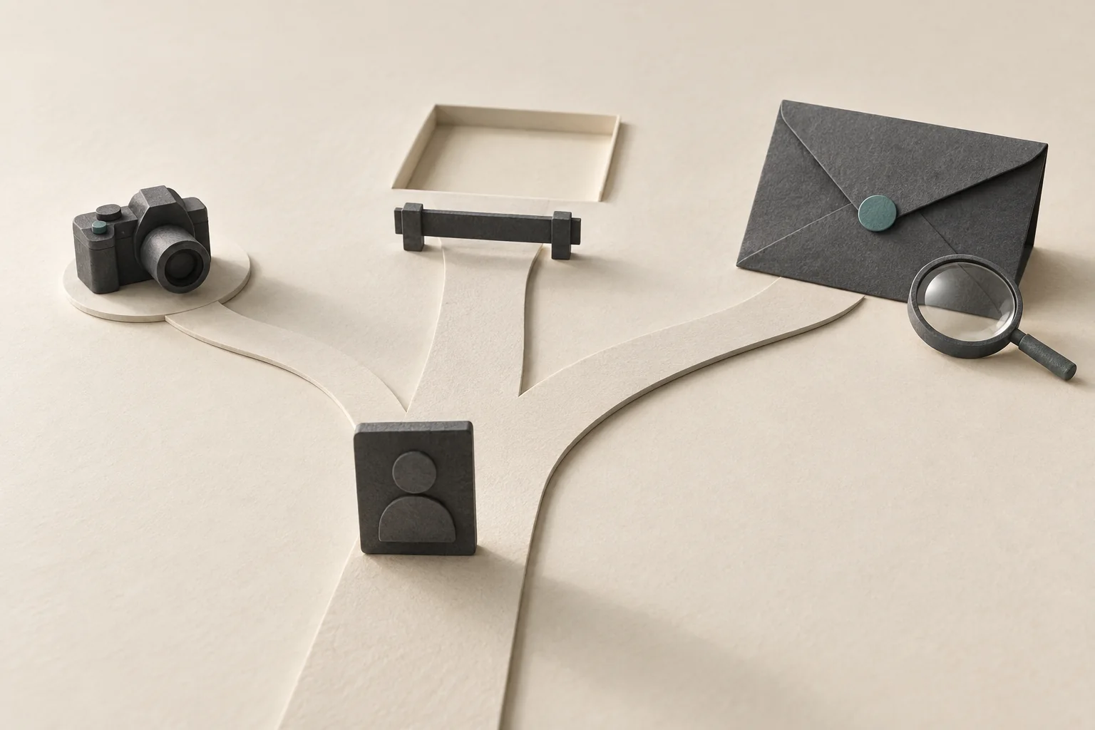 A small profile tile reaches a branching path, with one route paused beside an empty inset and another beside a sealed report envelope.