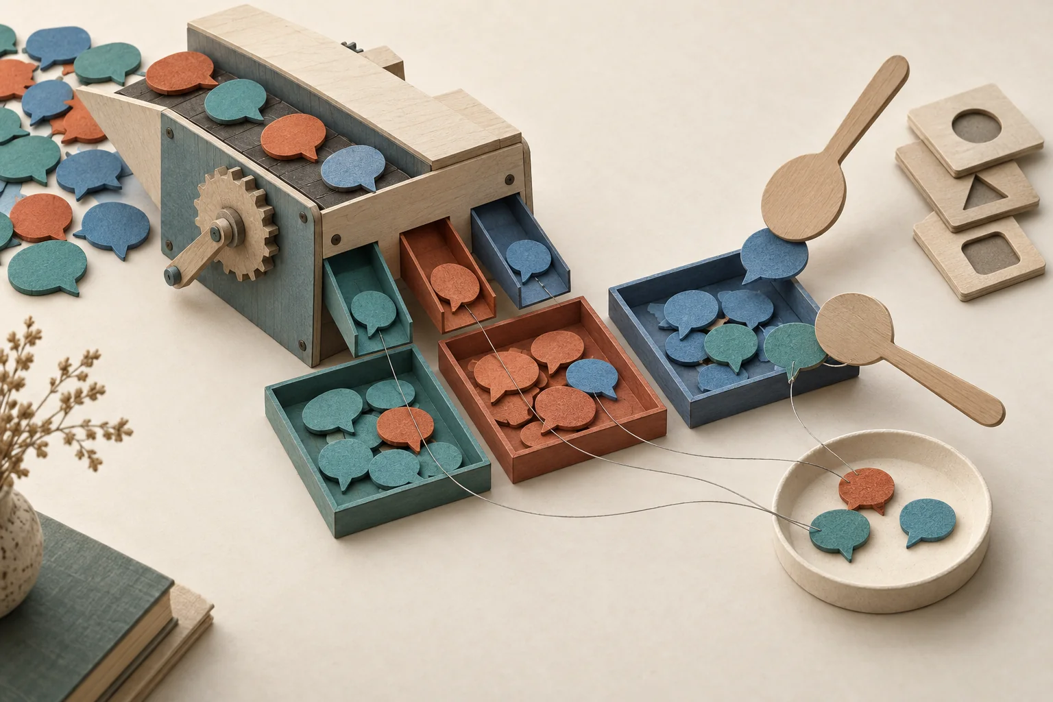 Colored speech tokens sorted into trays, with mismatched tokens set aside for human review.