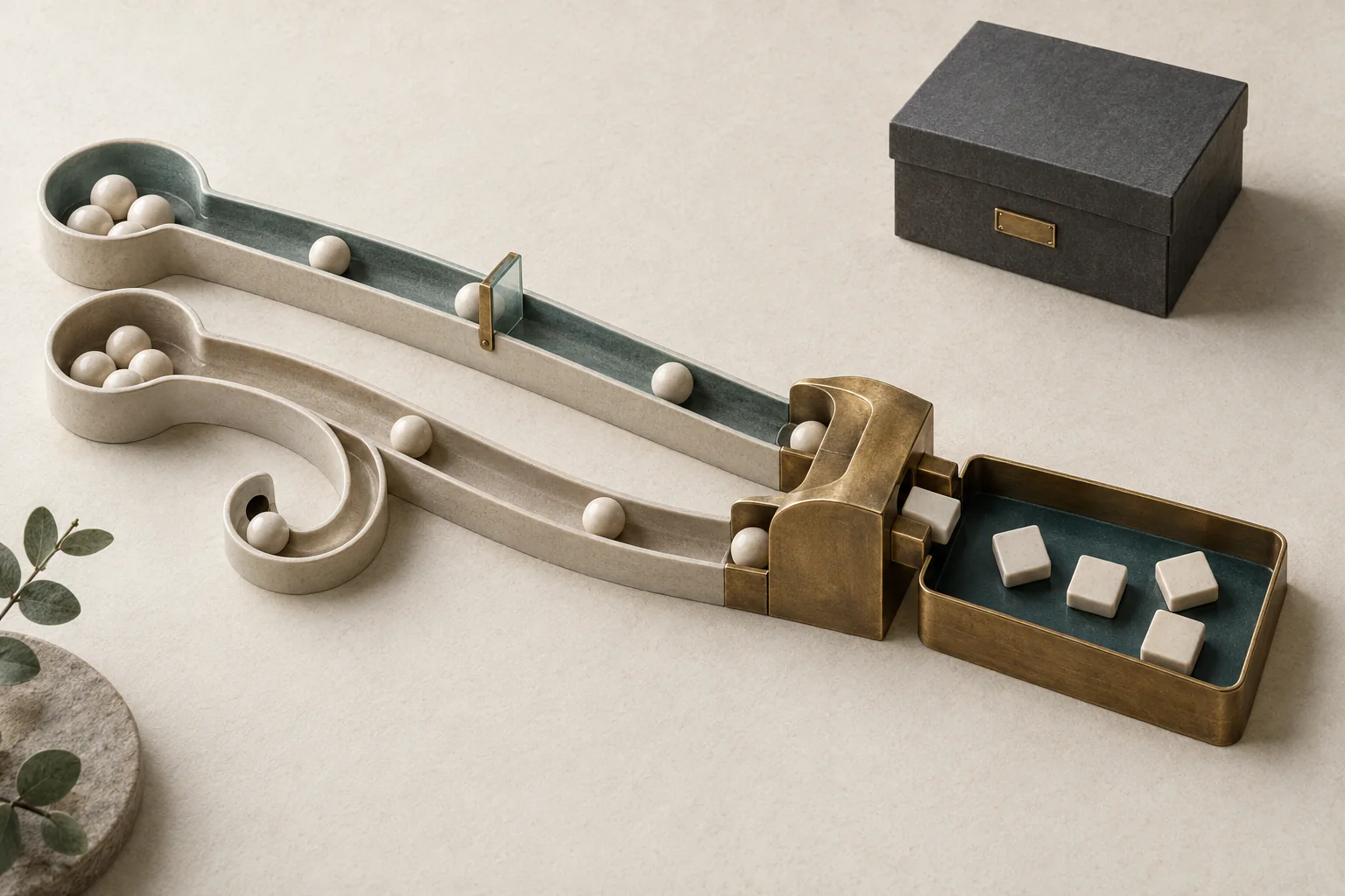 Separate order tokens pass through a return loop and a currency exchange gate into a payout tray, while customer records stay locked away.