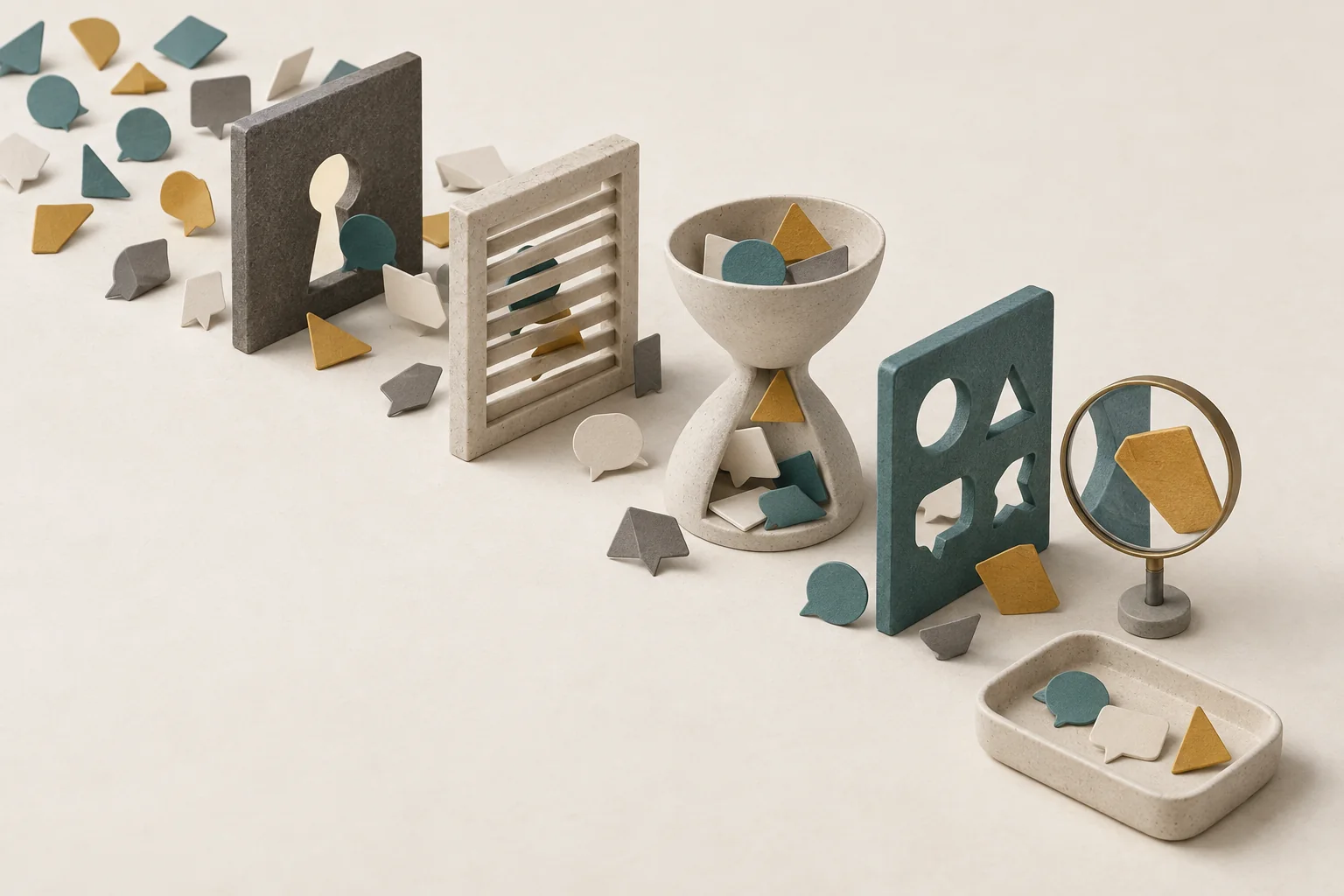 Four distinct barriers separate visible message tokens from a collection tray, with a magnifying lens examining one excluded token.