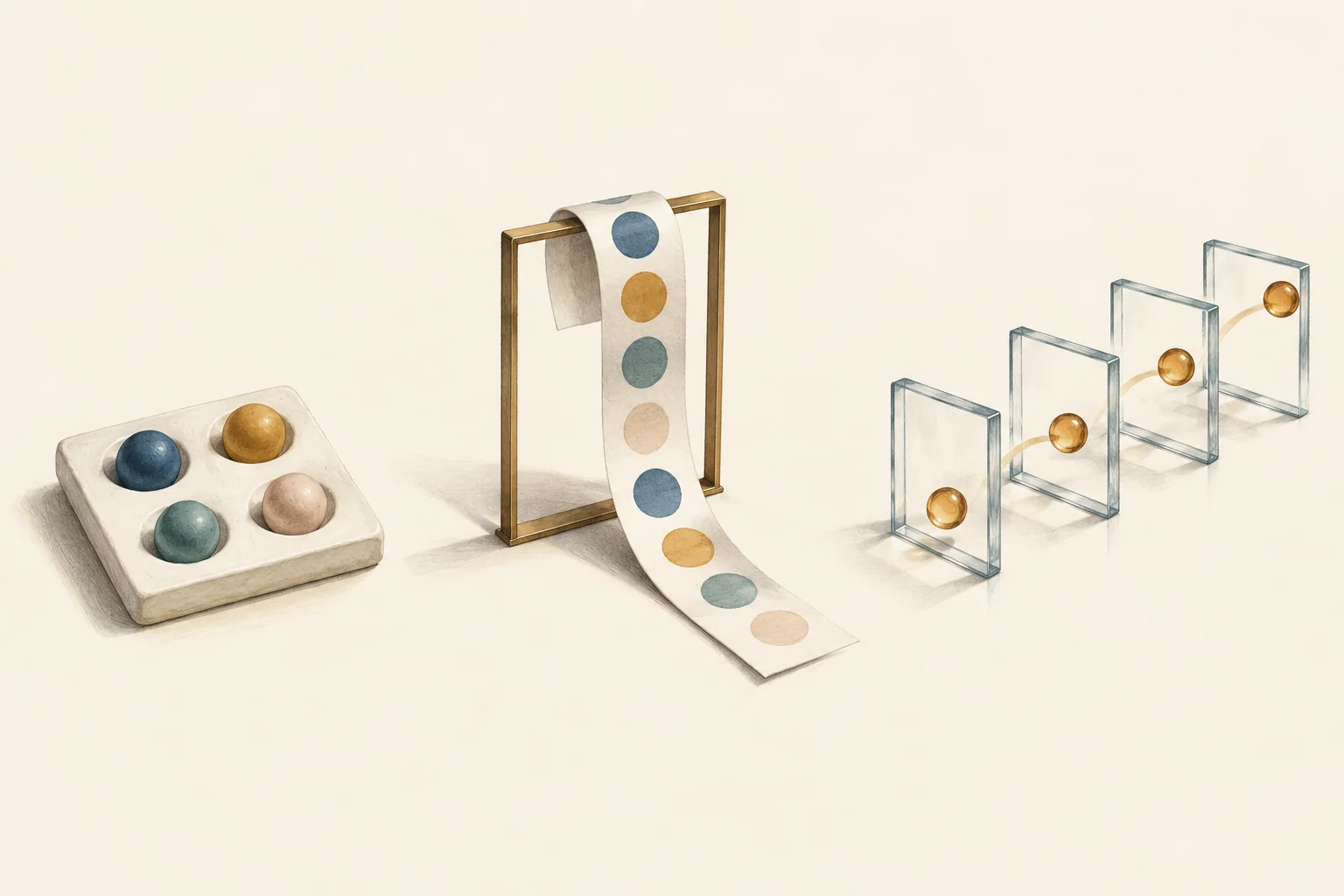 Distinct colored tokens pass through separate display and playback frames, with repeated tokens grouped beside unique tokens.