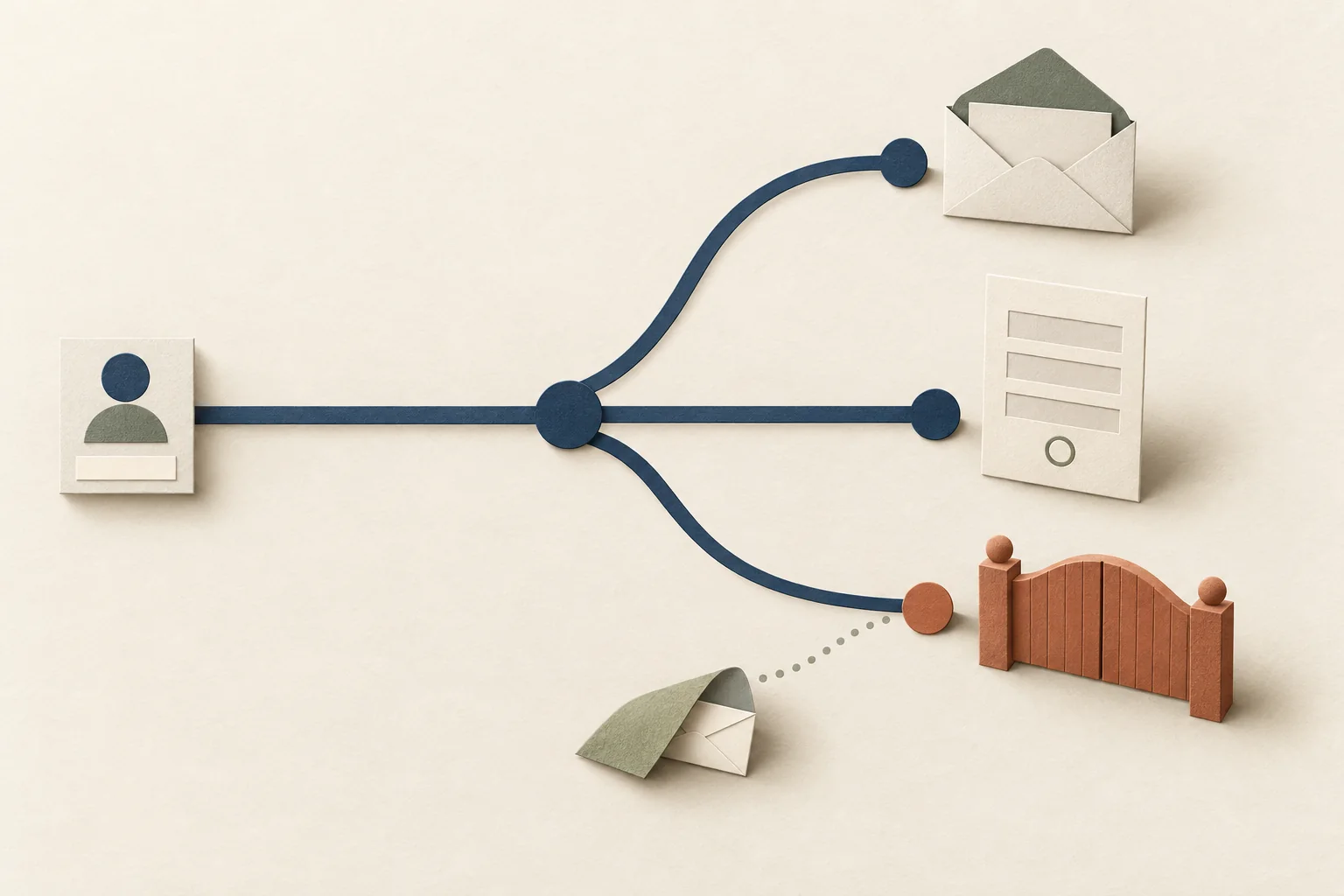 A branching route leads from a creator profile to a business envelope, a partnership form, or a closed endpoint.