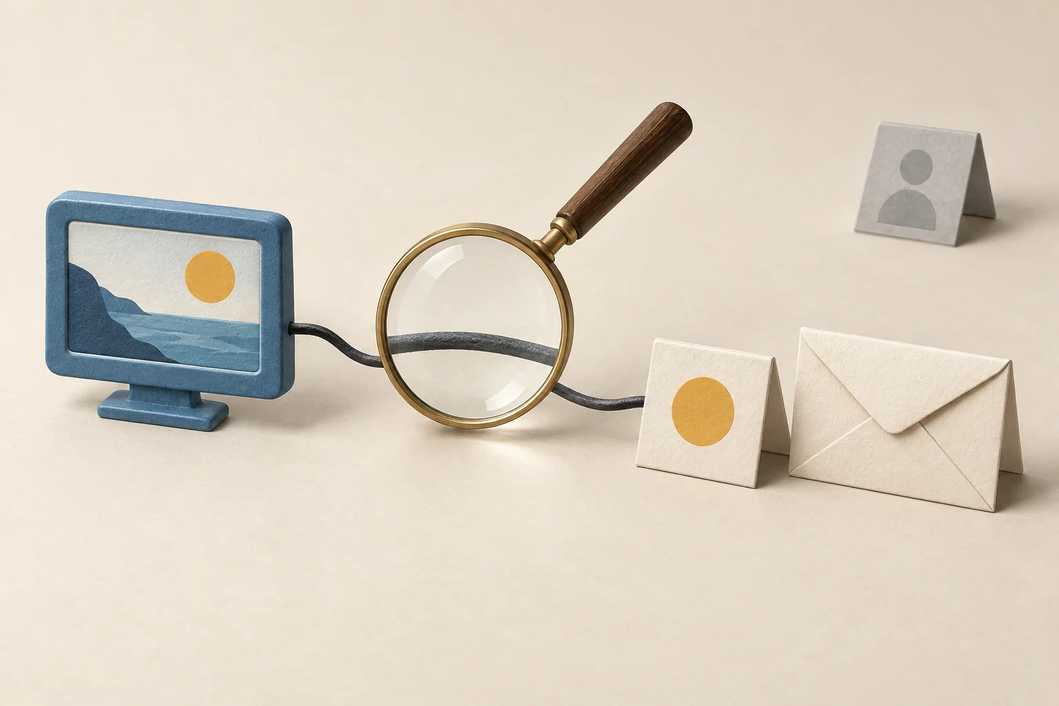 An envelope connected to a video channel tile and a representative badge, with a magnifying glass checking their shared symbol.
