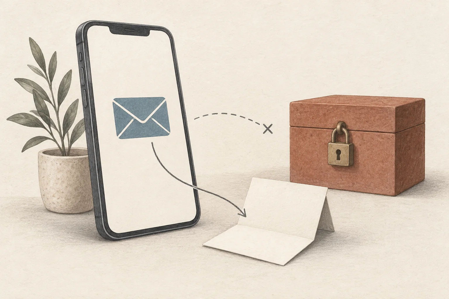 A phone with a visible envelope contact symbol beside a closed private compartment and a separate inquiry-message card.